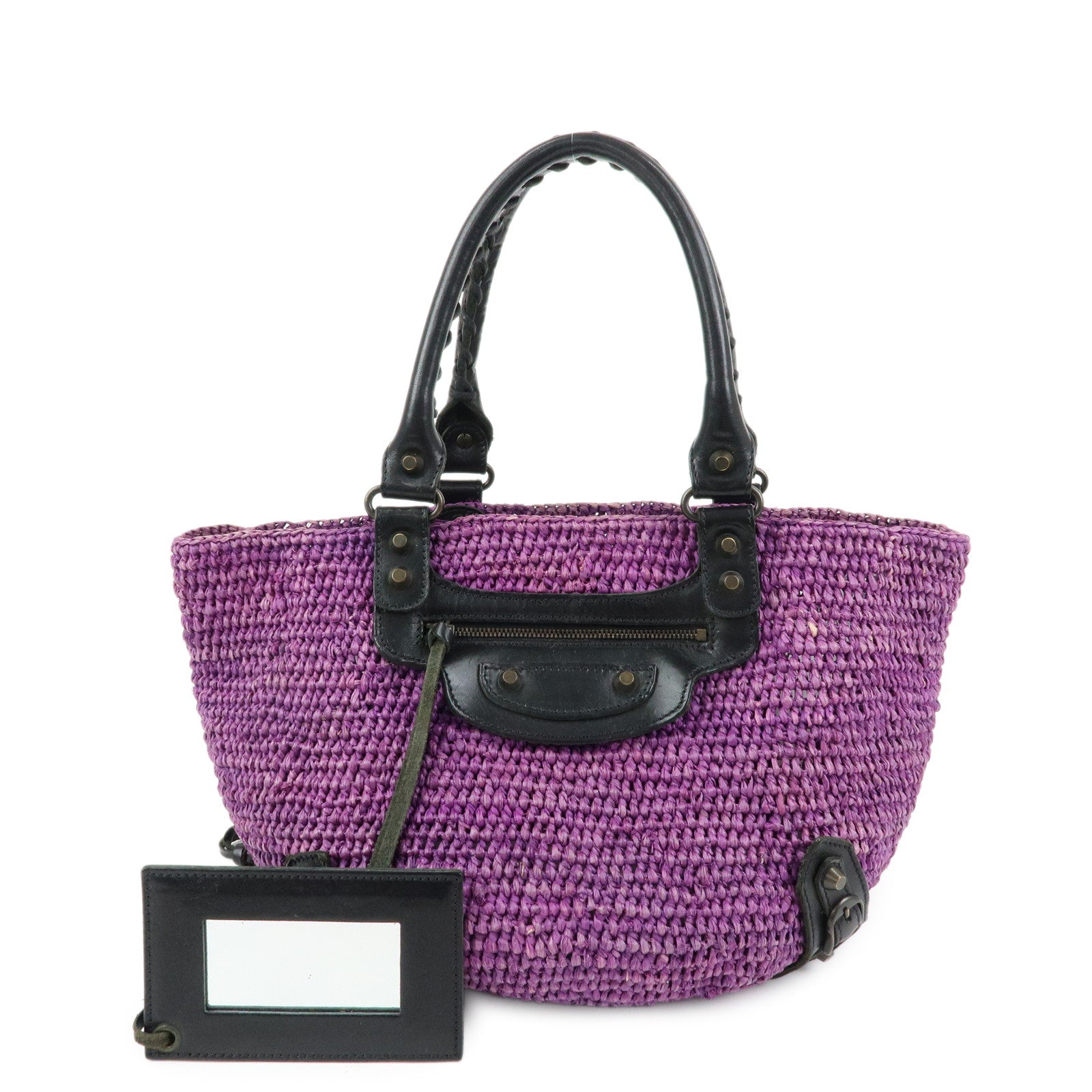 BALENCIAGA Leather Raffia Small Hand Bag Purple Black 236741