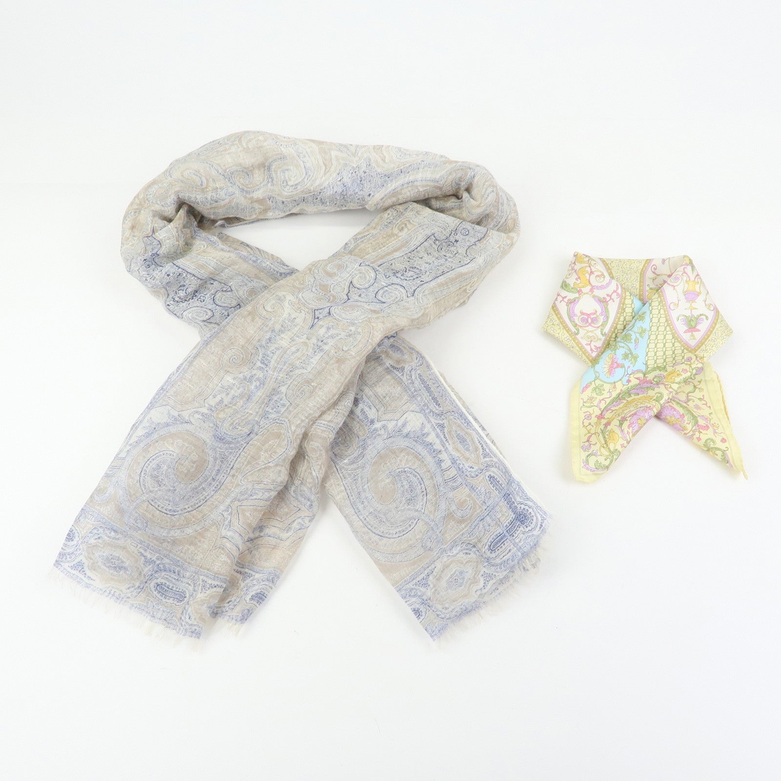 ETRO Set of 2 Silk Linen Scarf Peisley Flower Beige Yellow Blue