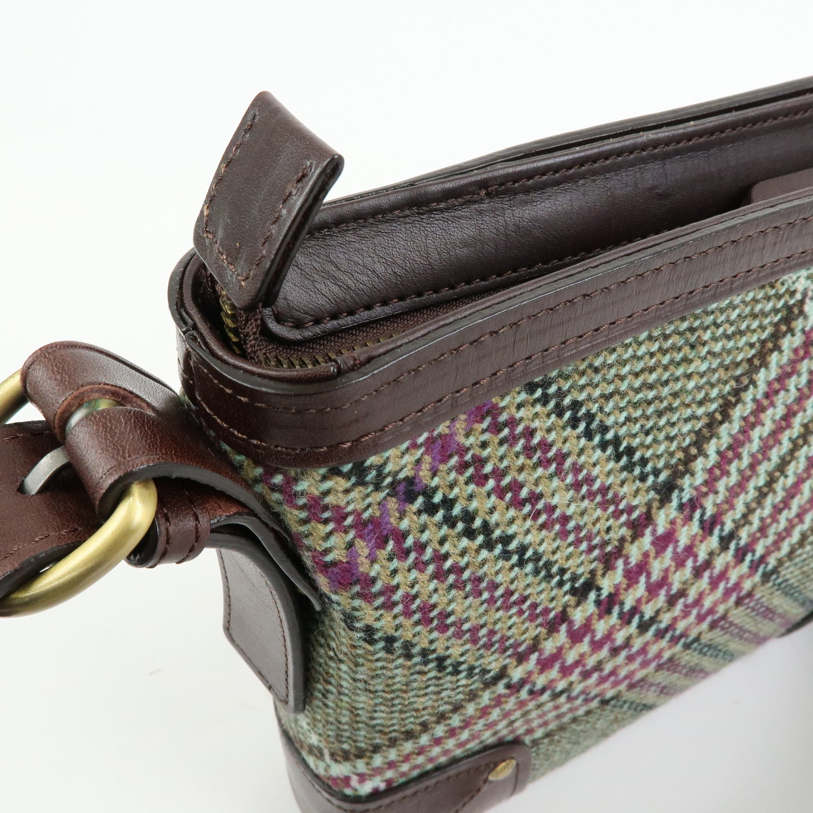 BURBERRY Wool Leather Shoulder Bag Crossbody Bag Brown Green