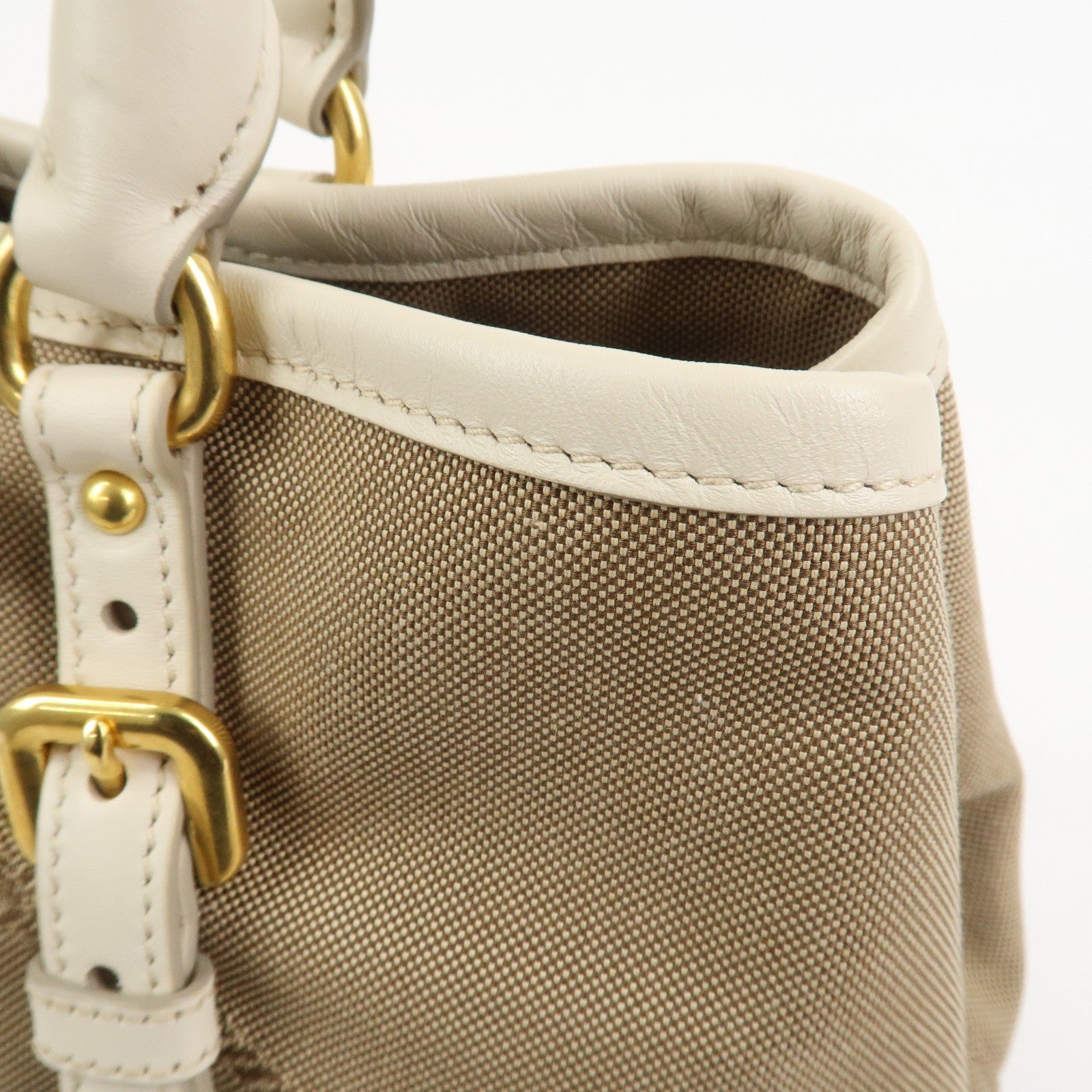 PRADA Logo Jaquard Leather 2Way Hand Bag Shoulder Bag Beige White