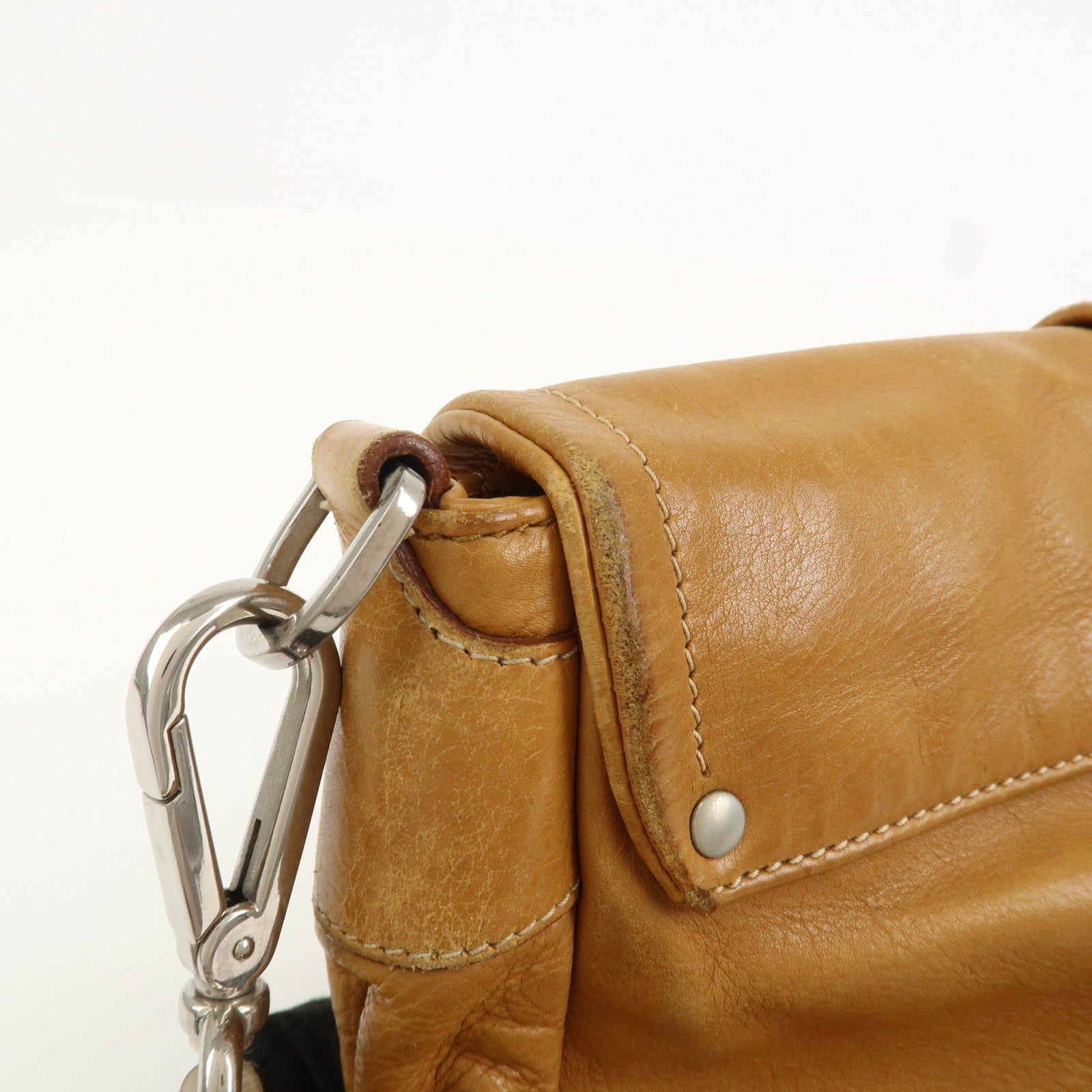 PRADA Triangle Logo Leather Front Pocket Shoulder Bag Brown BR2417
