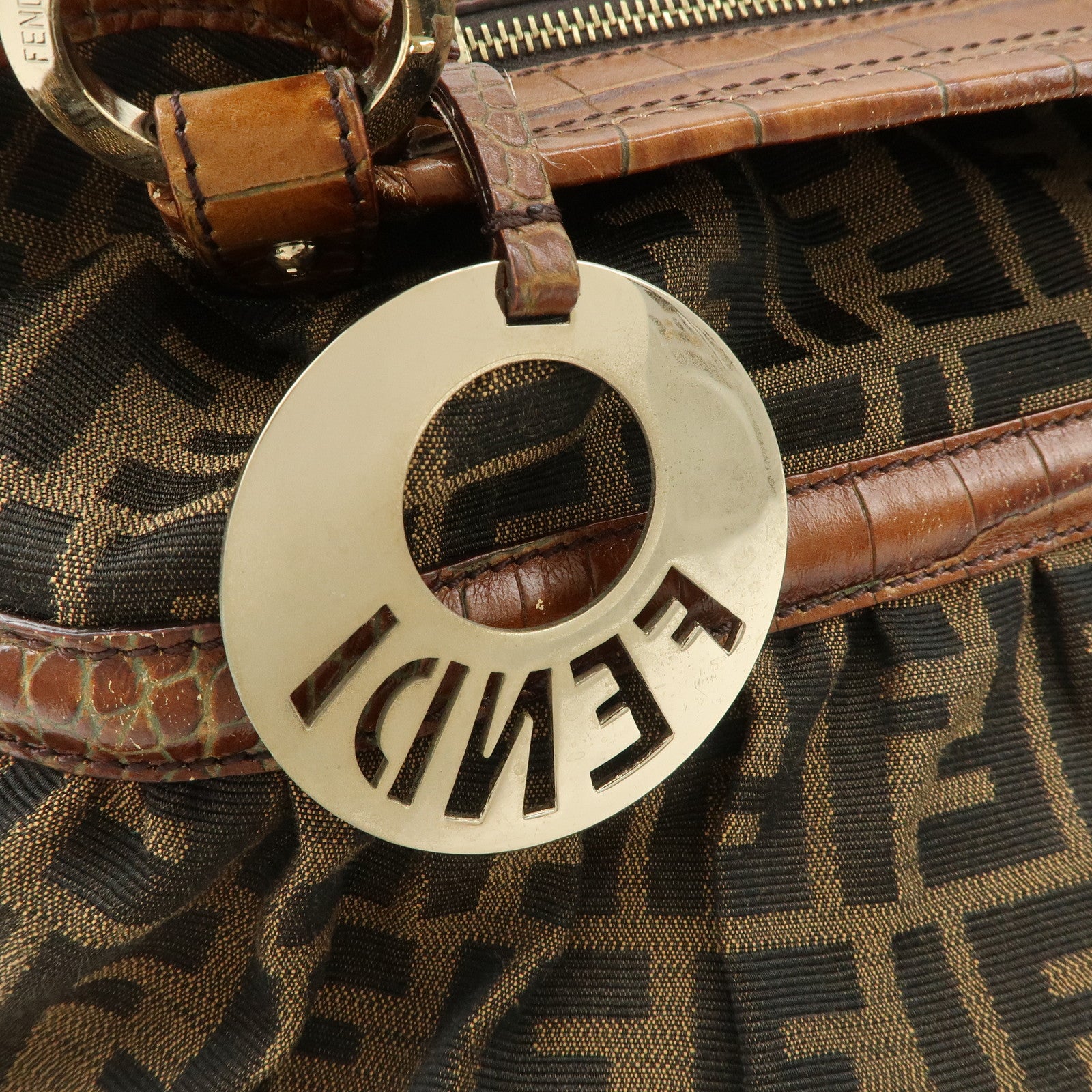 FENDI Zucca Gathered Canvas Leather Shoulder Bag Tote Bag 8BH186