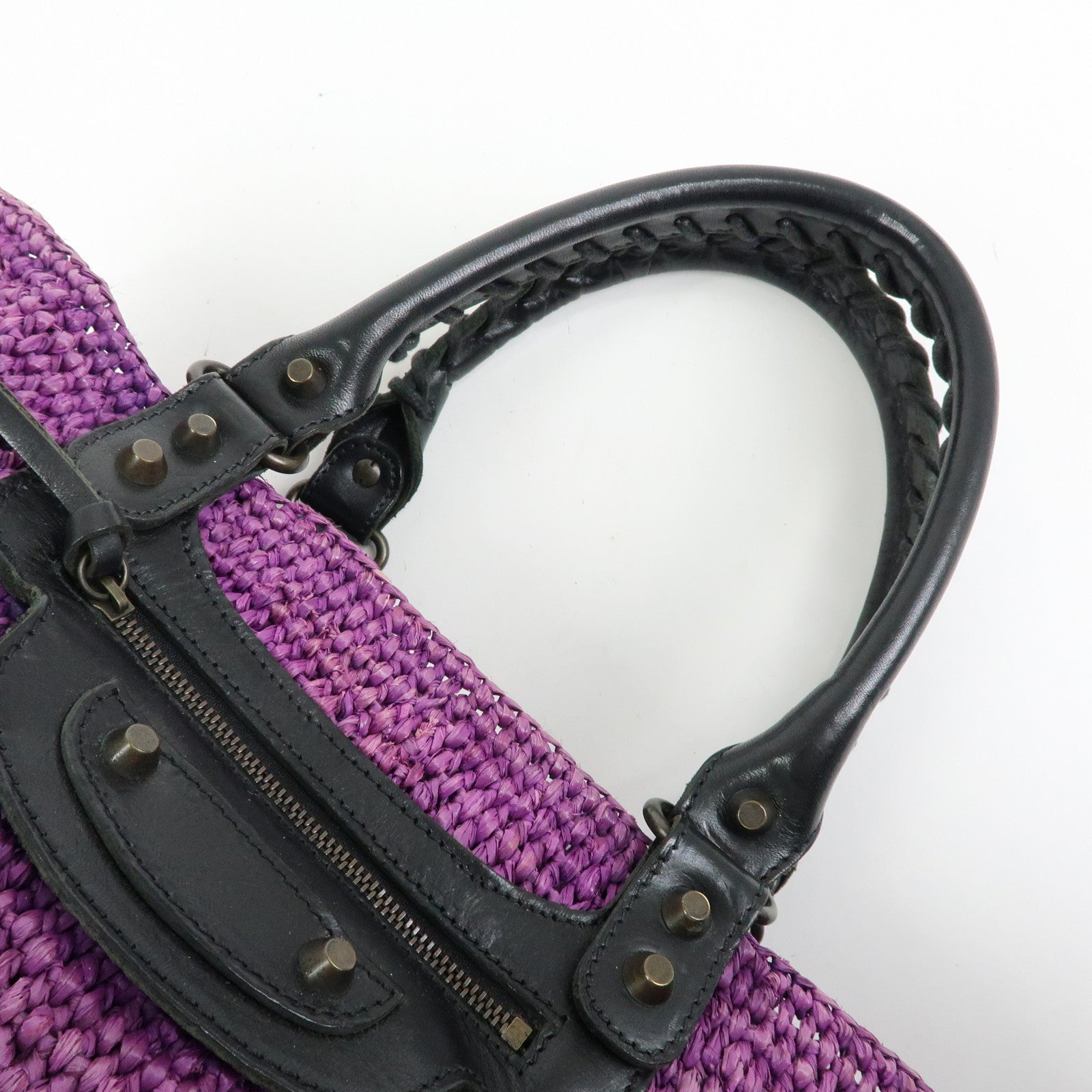 BALENCIAGA Leather Raffia Small Hand Bag Purple Black 236741