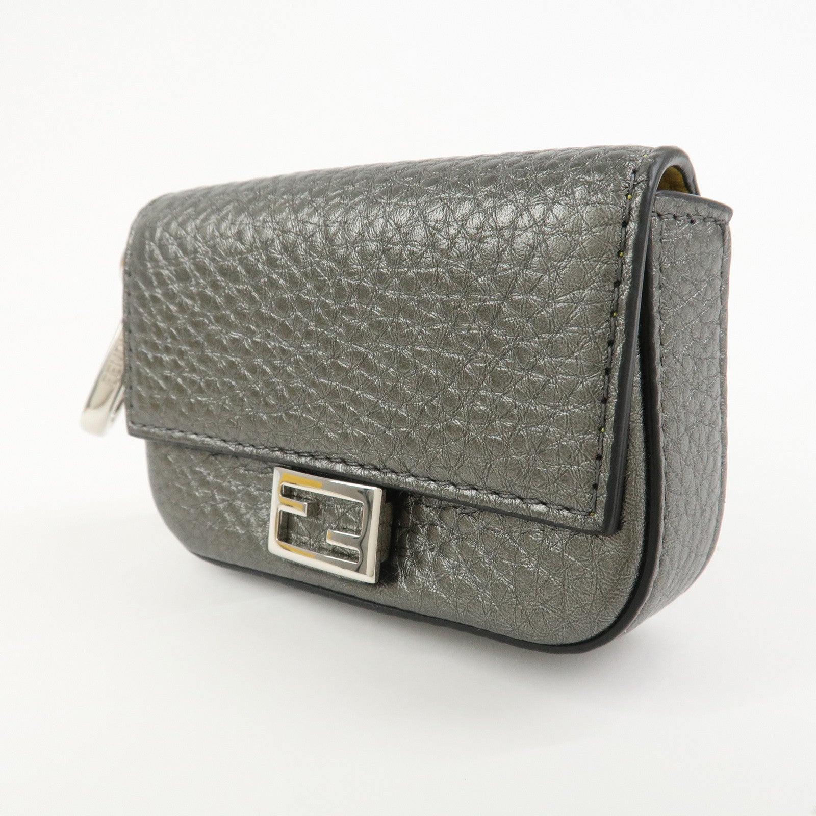 FENDI Nano Baguette Calf Leather Bag Charm Key Chain Silver 7AR809