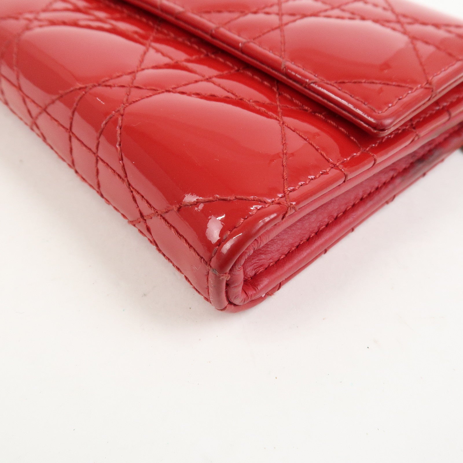 Christian Dior Cannage Patent Leather Chain Long Wallet WOC Red