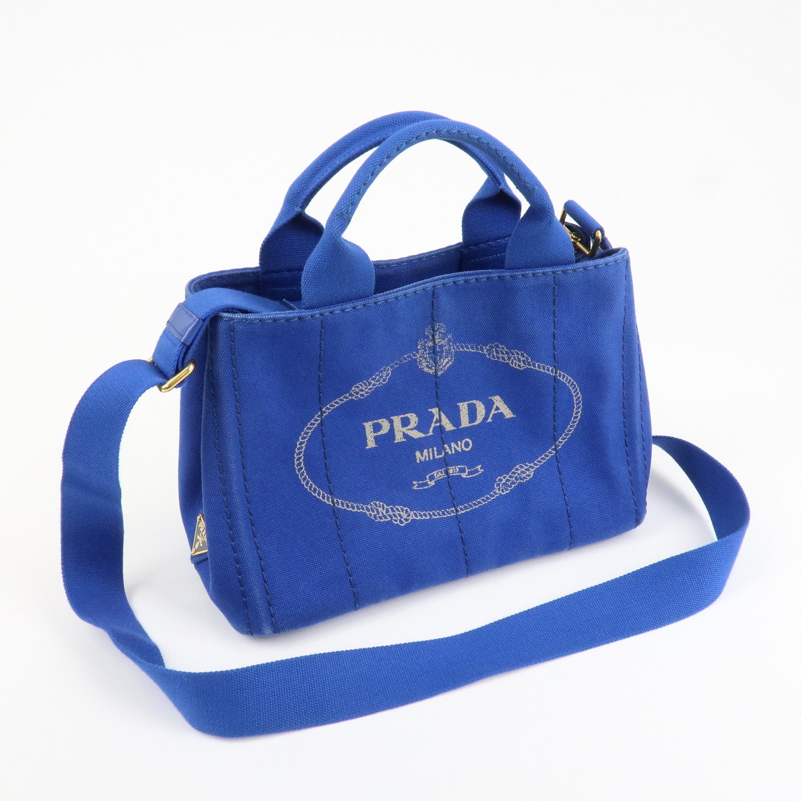 PRADA Logo Canapa Mini Canvas 2Way Tote Shoulder Bag Blue BN2439 Used