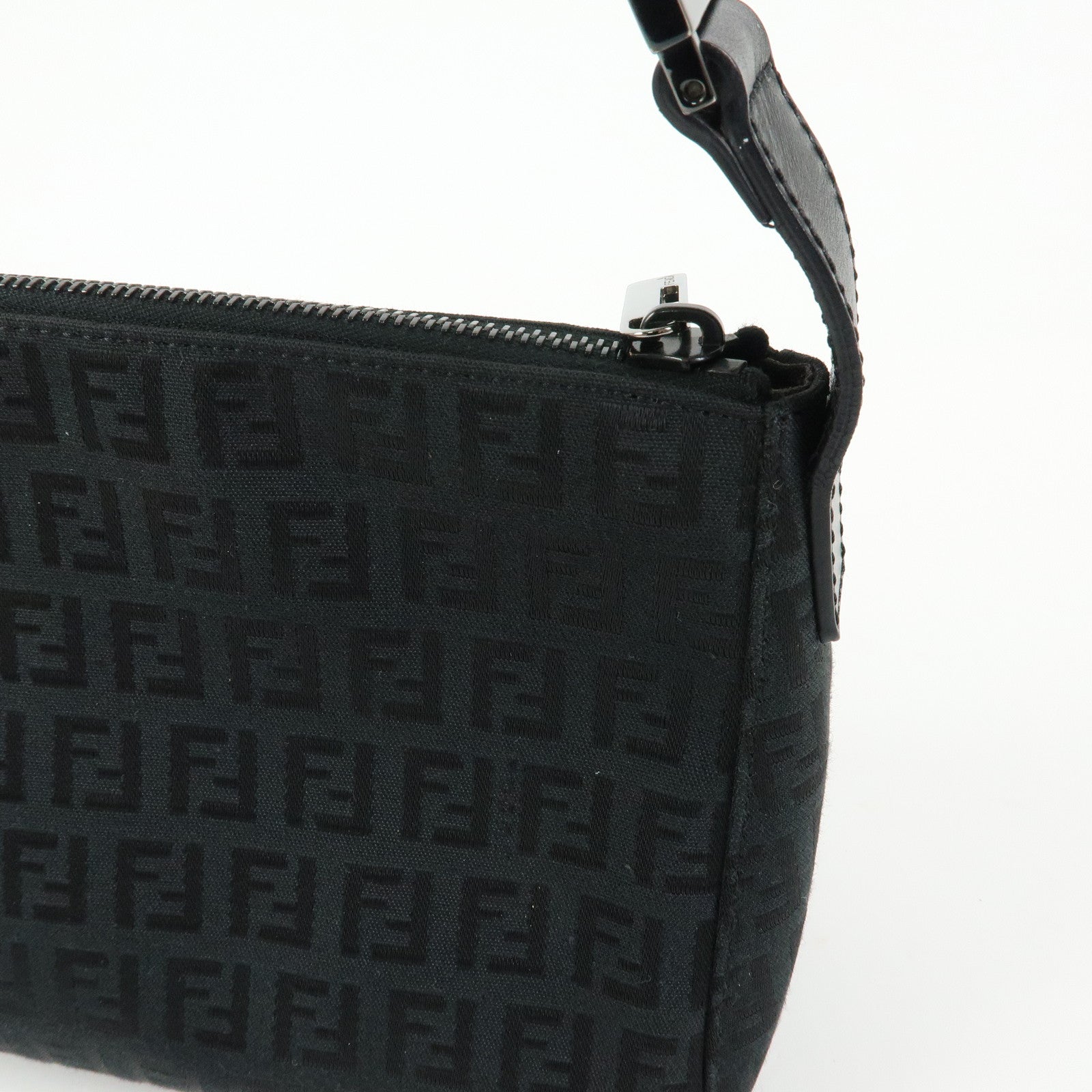 FENDI Zucchino Canvas Leather Shoulder Bag Hand Bag Black 8BR444