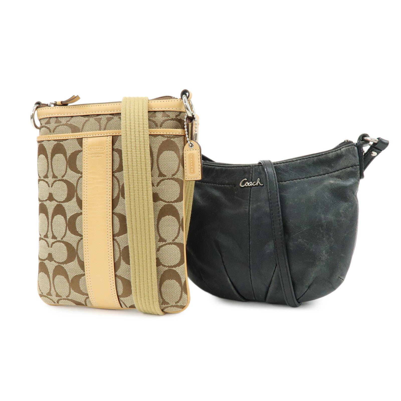 COACH Signature Set of 2 Canvas Leather Shoulder Bag Black Beige