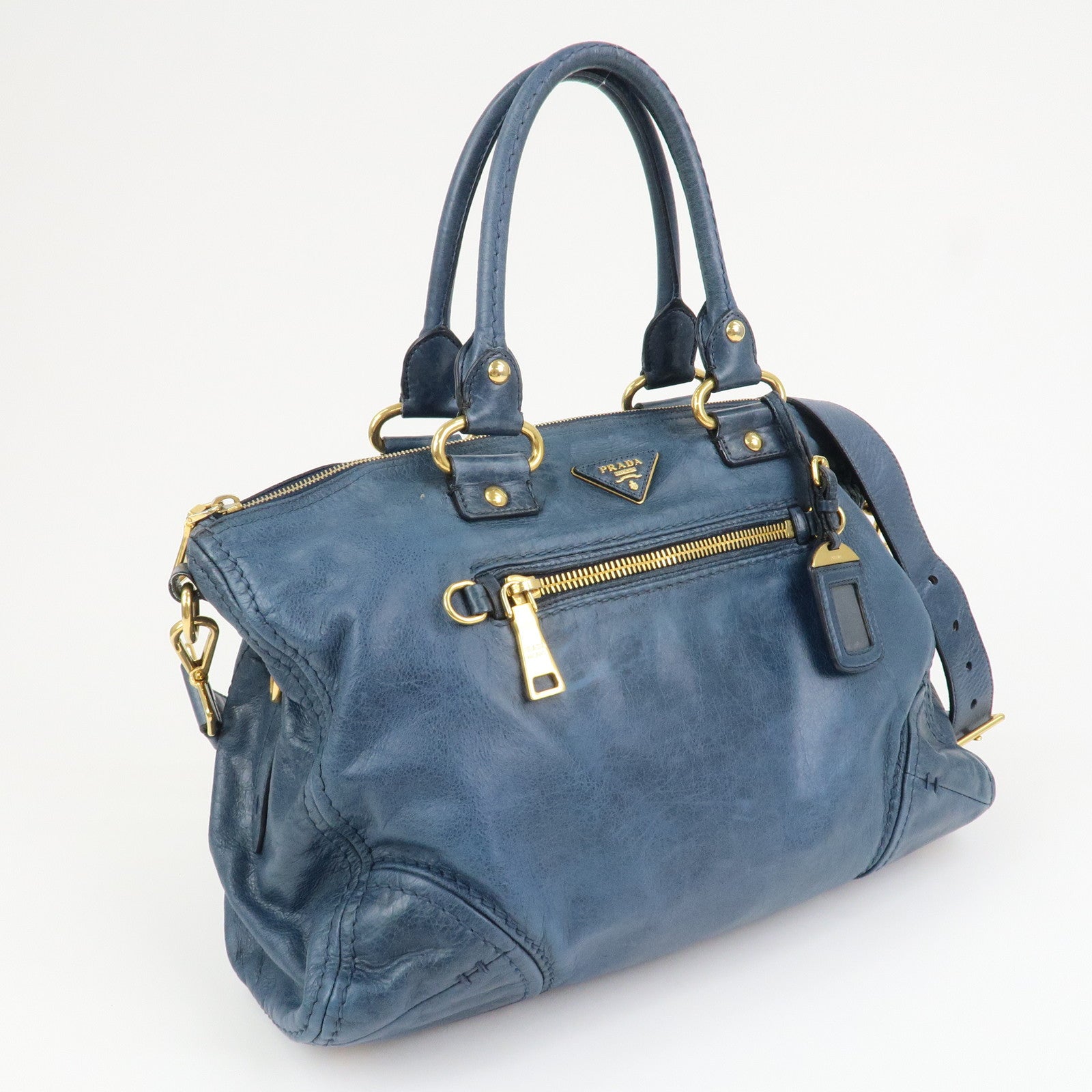 PRADA Logo Leather 2Way Bag Shoulder Bag Hand Bag Blue BL0678