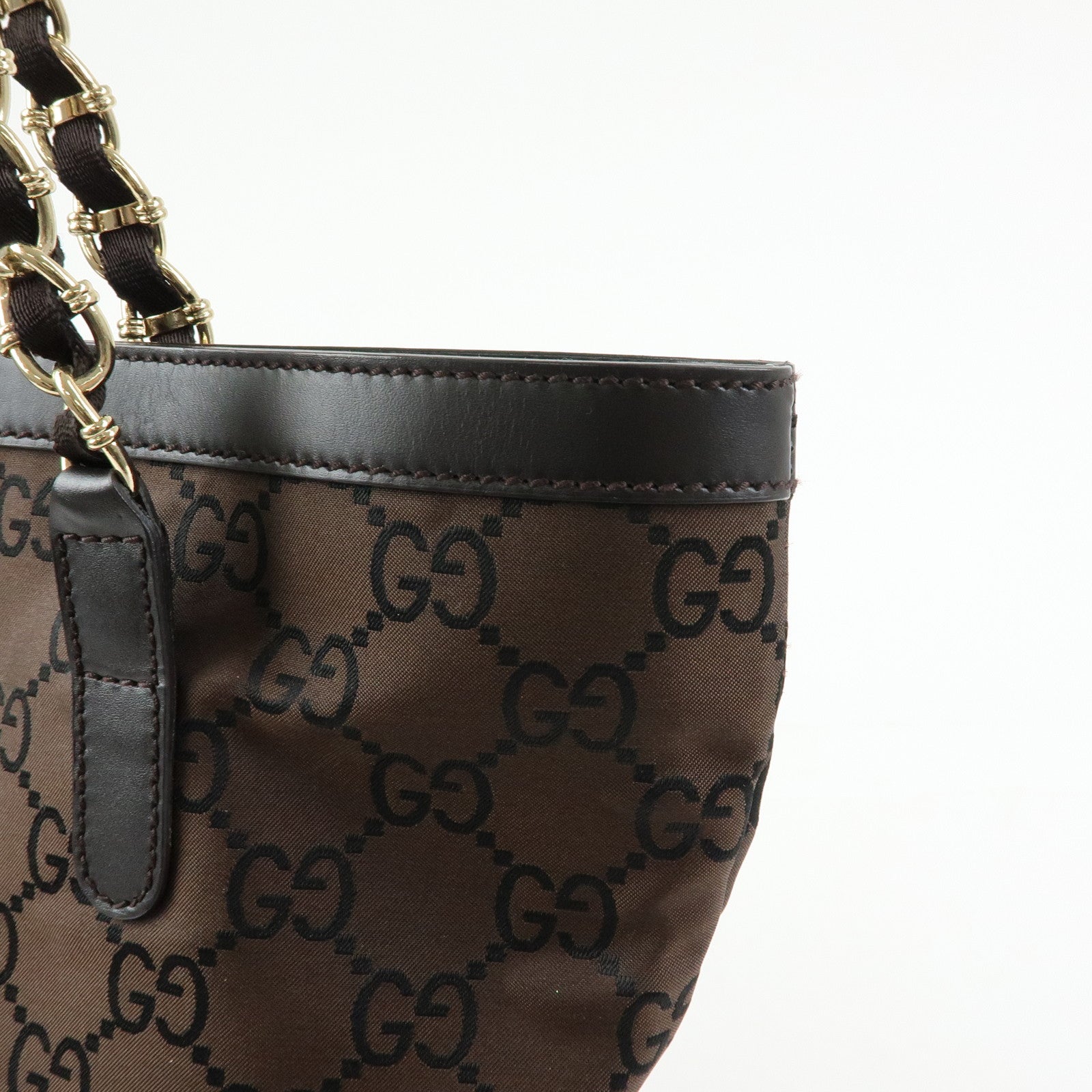 GUCCI GG Nylon Leather Chain Tote Bag Shoulder Bag Brown 196750