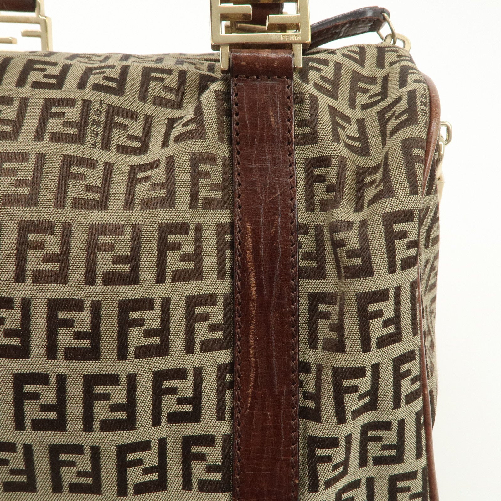FENDI Zucchino Canvas Leather Boston Bag Brown Beige 8BL068 Used