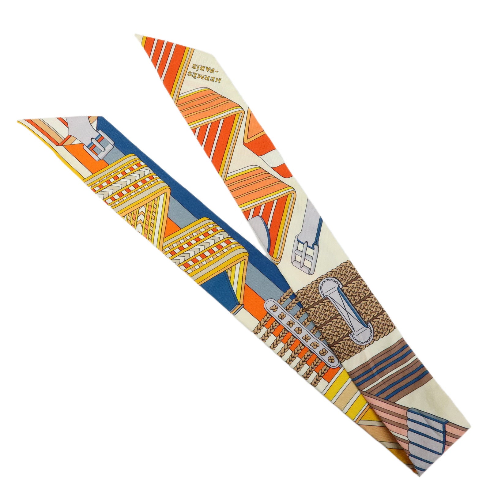 HERMES 100% Silk Twilly Scarf Sangles en Zigzag Orange Blue Ivory