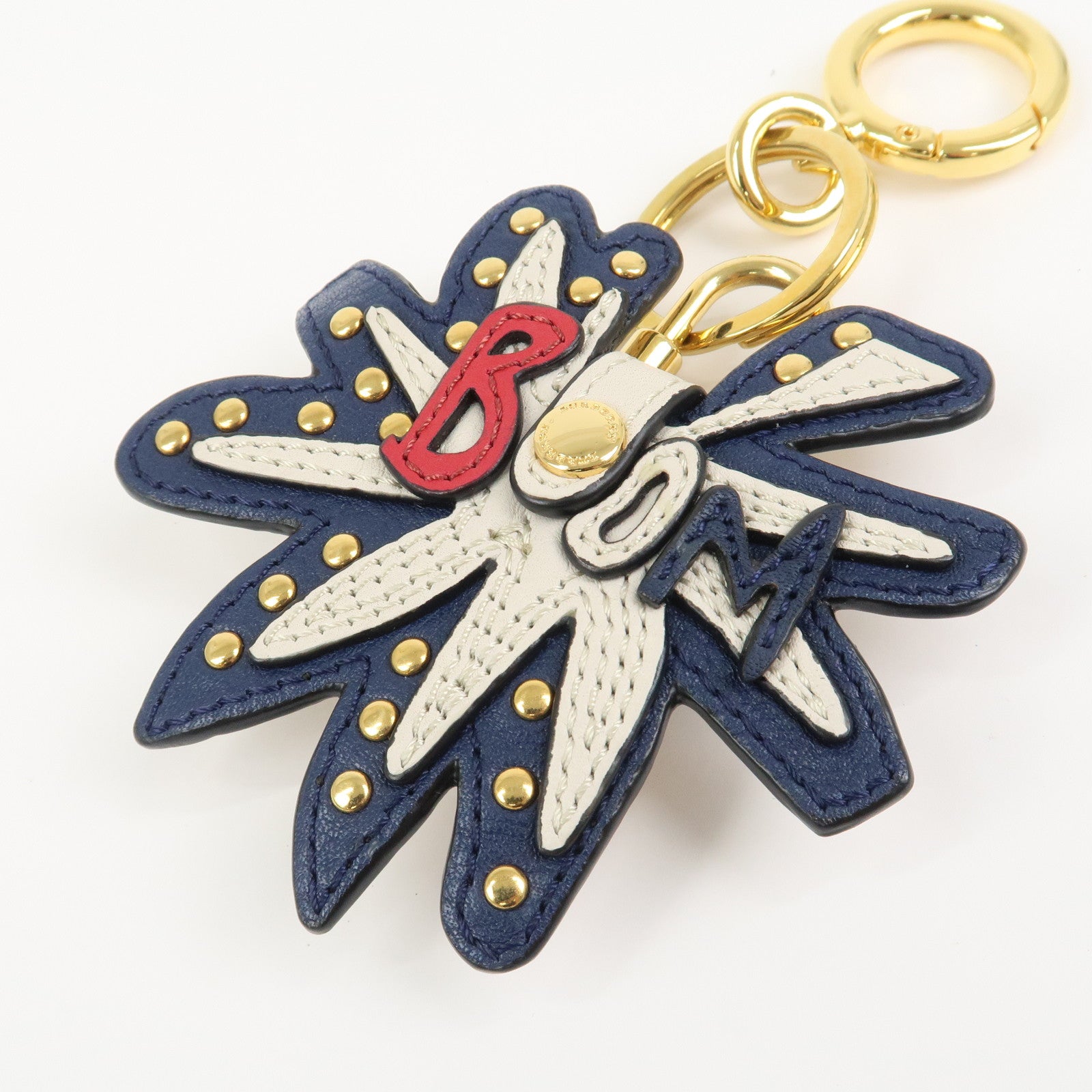 BURBERRY Leather Metal Bag Charm Key Holder Navy Gold