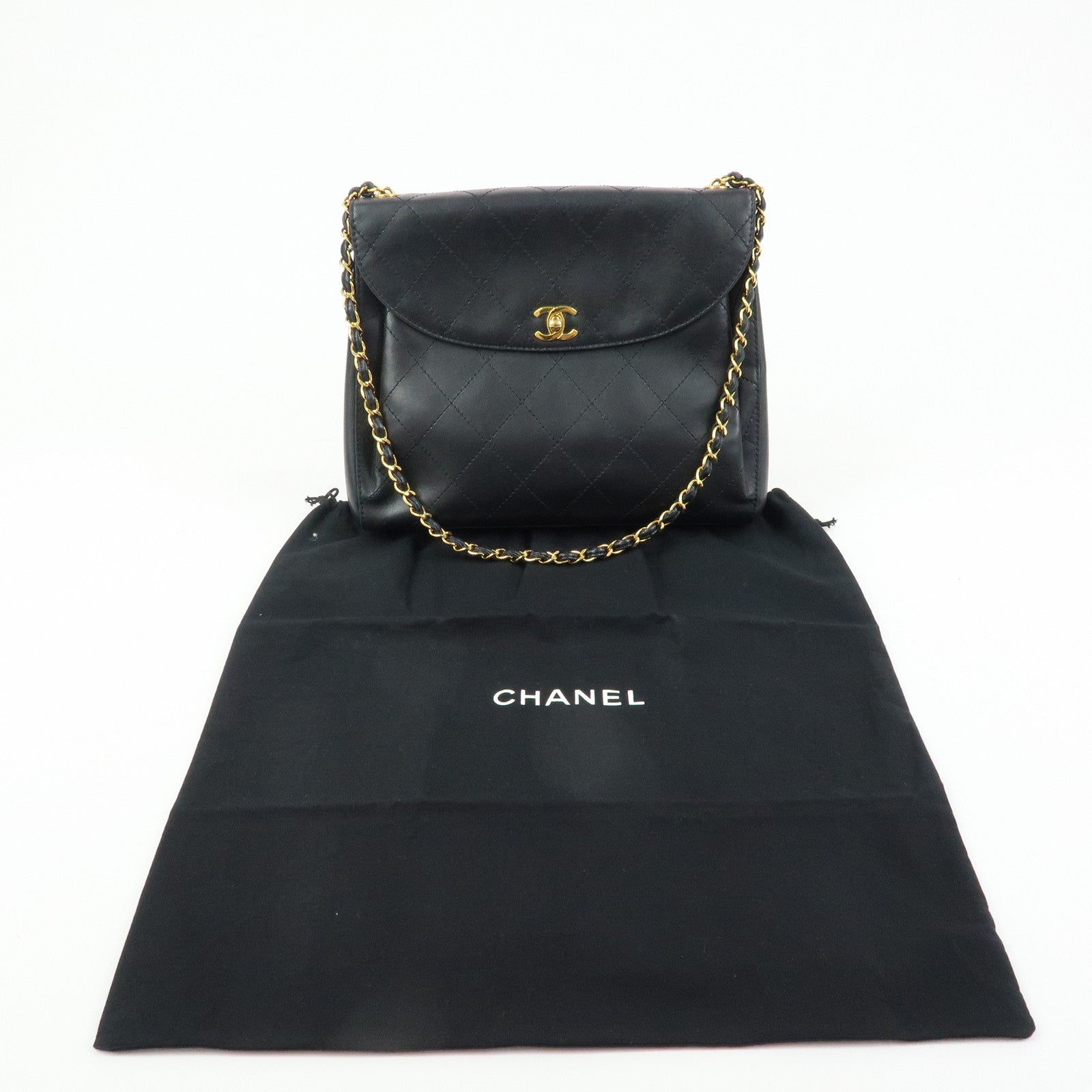 CHANEL Matelasse Lamb Skin Chain Shoulder Bag Black Gold
