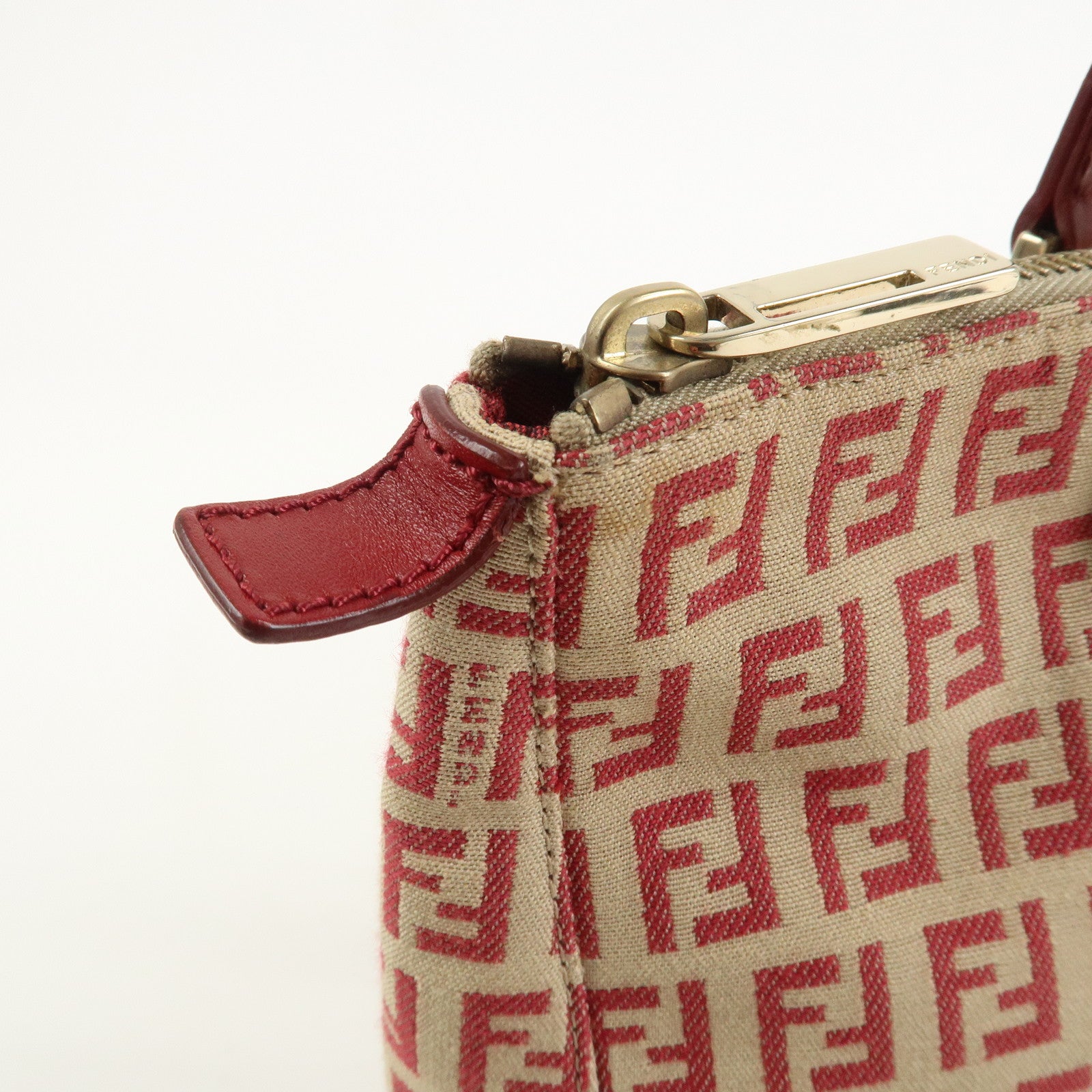 FENDI Zucchino Canvas Leather Tote Bag Hand Bag Beige Red 8BH134