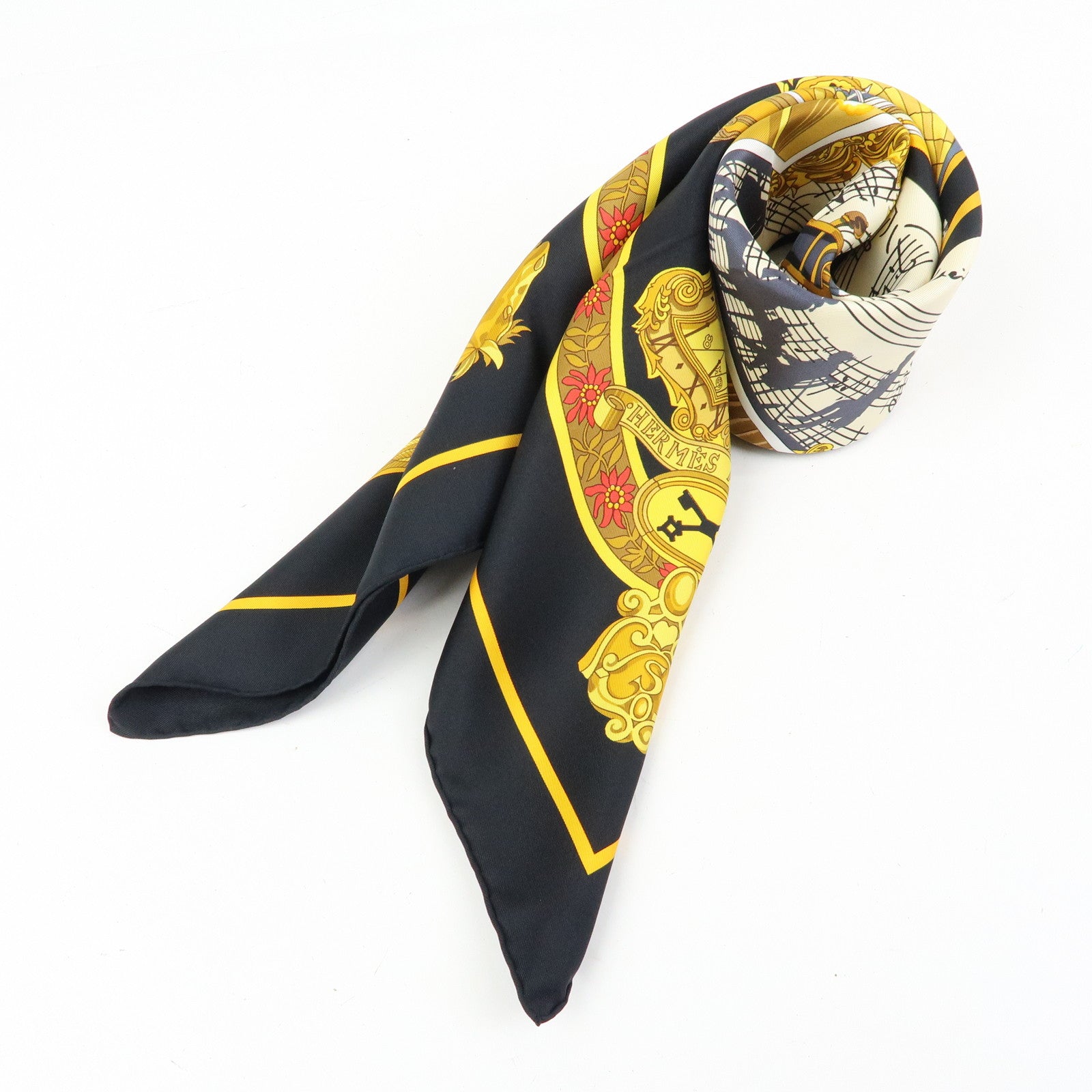 HERMES Carre 90 Silk 100% Scarf IN SALZBURG Black Gold