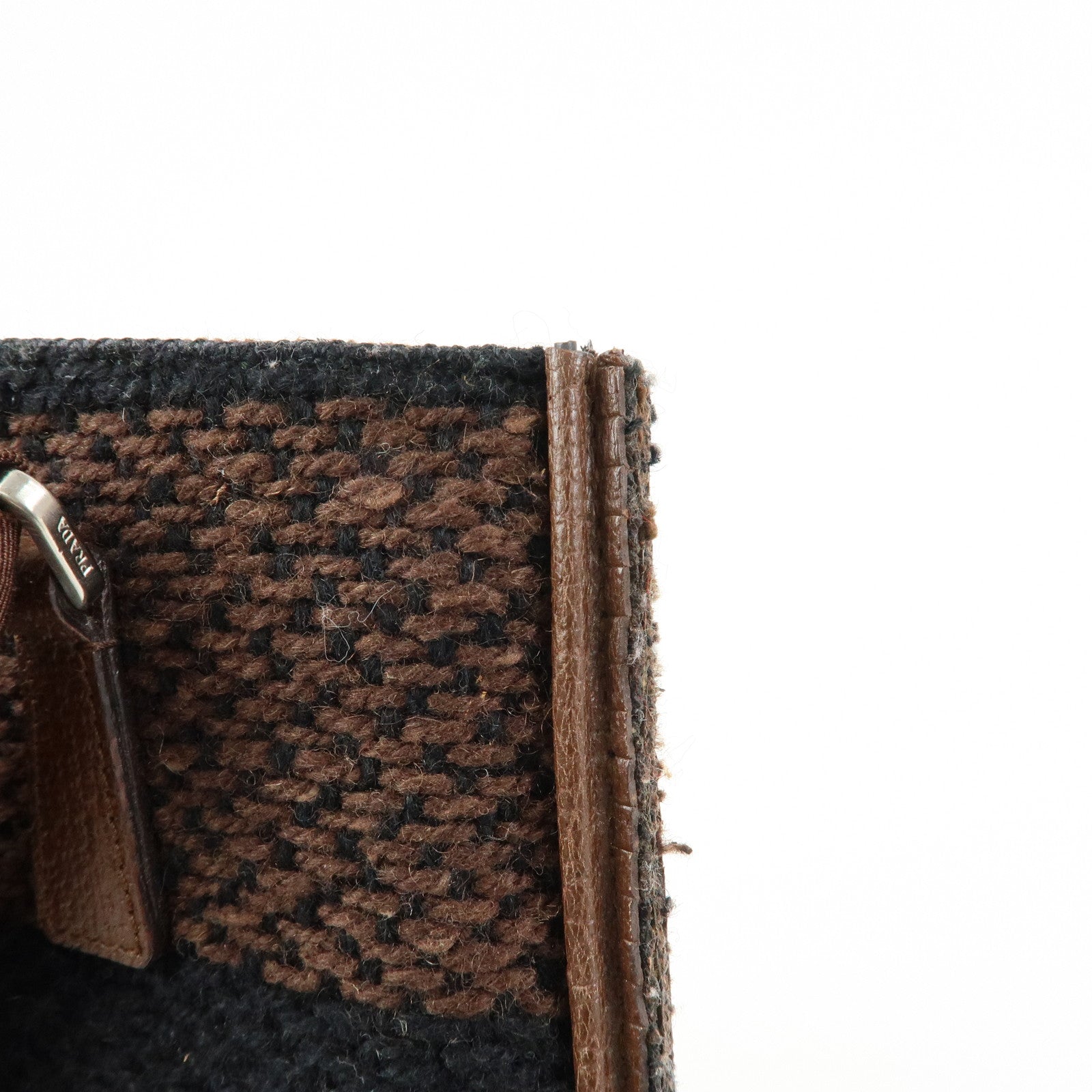 PRADA Triangle Logo Tweed Canvas Hand Bag Brown Black B11268