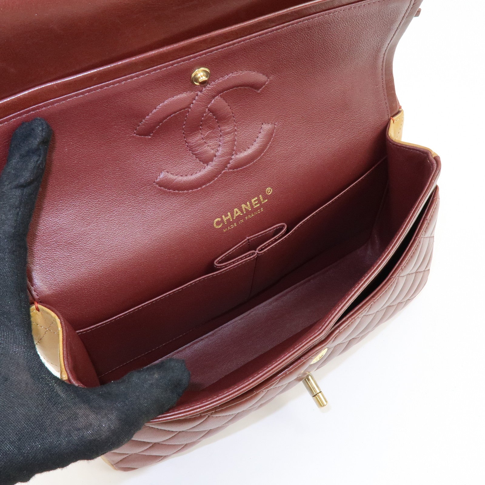 CHANEL Matelasse 25 Double Flap Chain Shoulder Bag Red Brown A01112