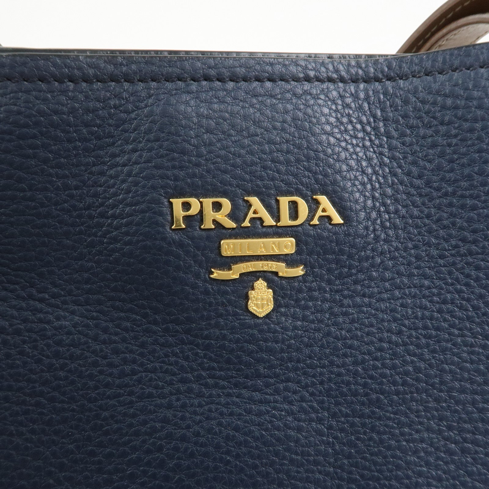 PRADA Logo Leather Tote Bag Shoulder Bag Navy Light Brown 1BG064