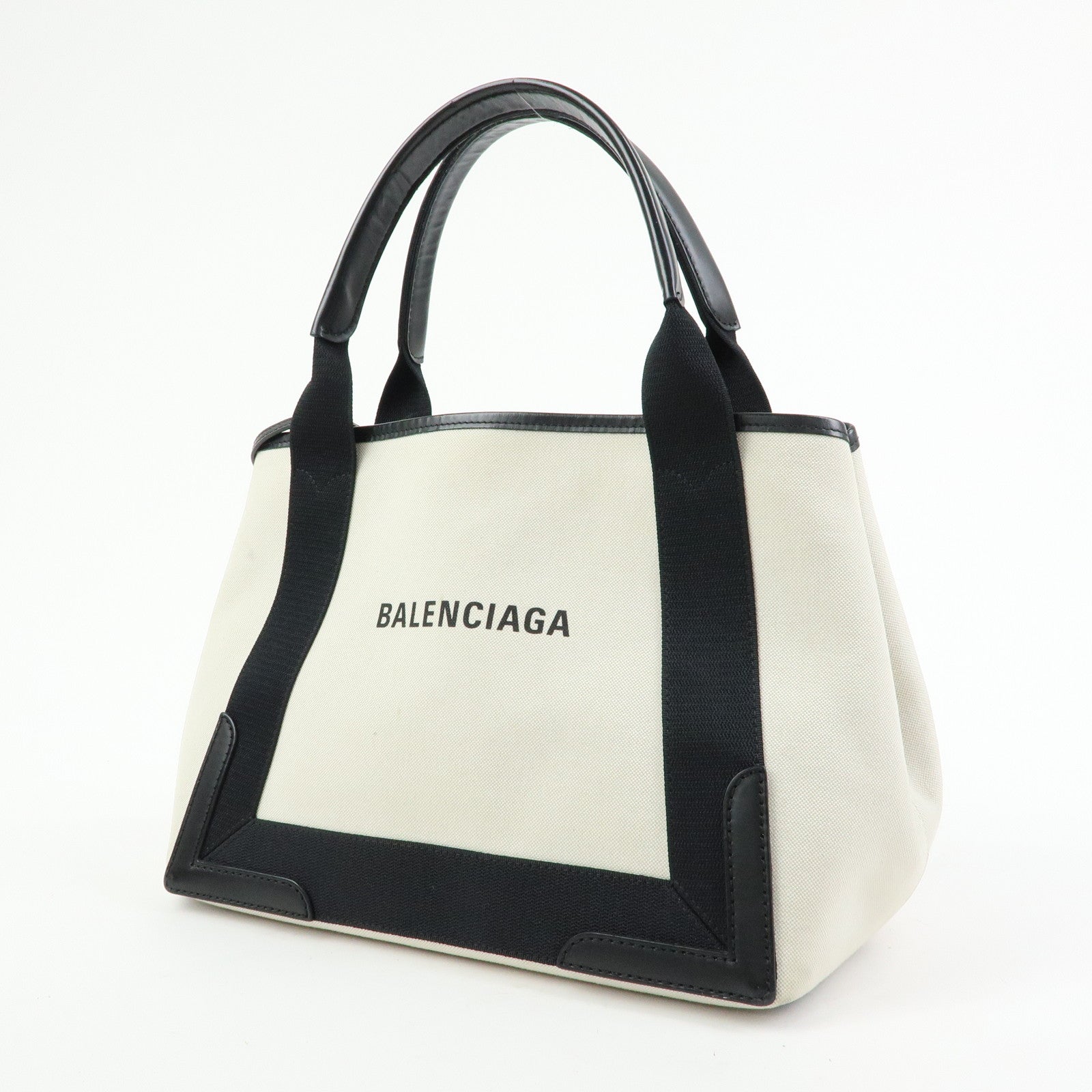 BALENCIAGA Navy Cabas Small Canvas Leather Tote Bag Ivory 339933