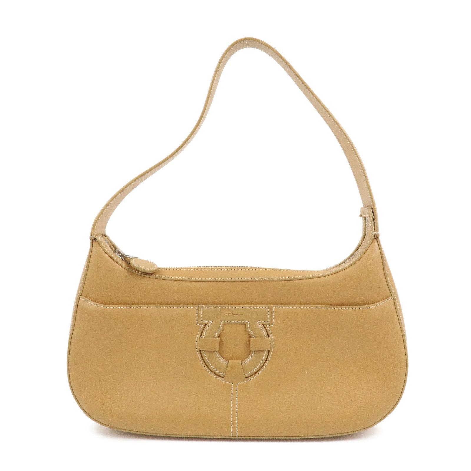 Ferragamo Gancini Leather Shoulder Bag Hand Bag Light Brown