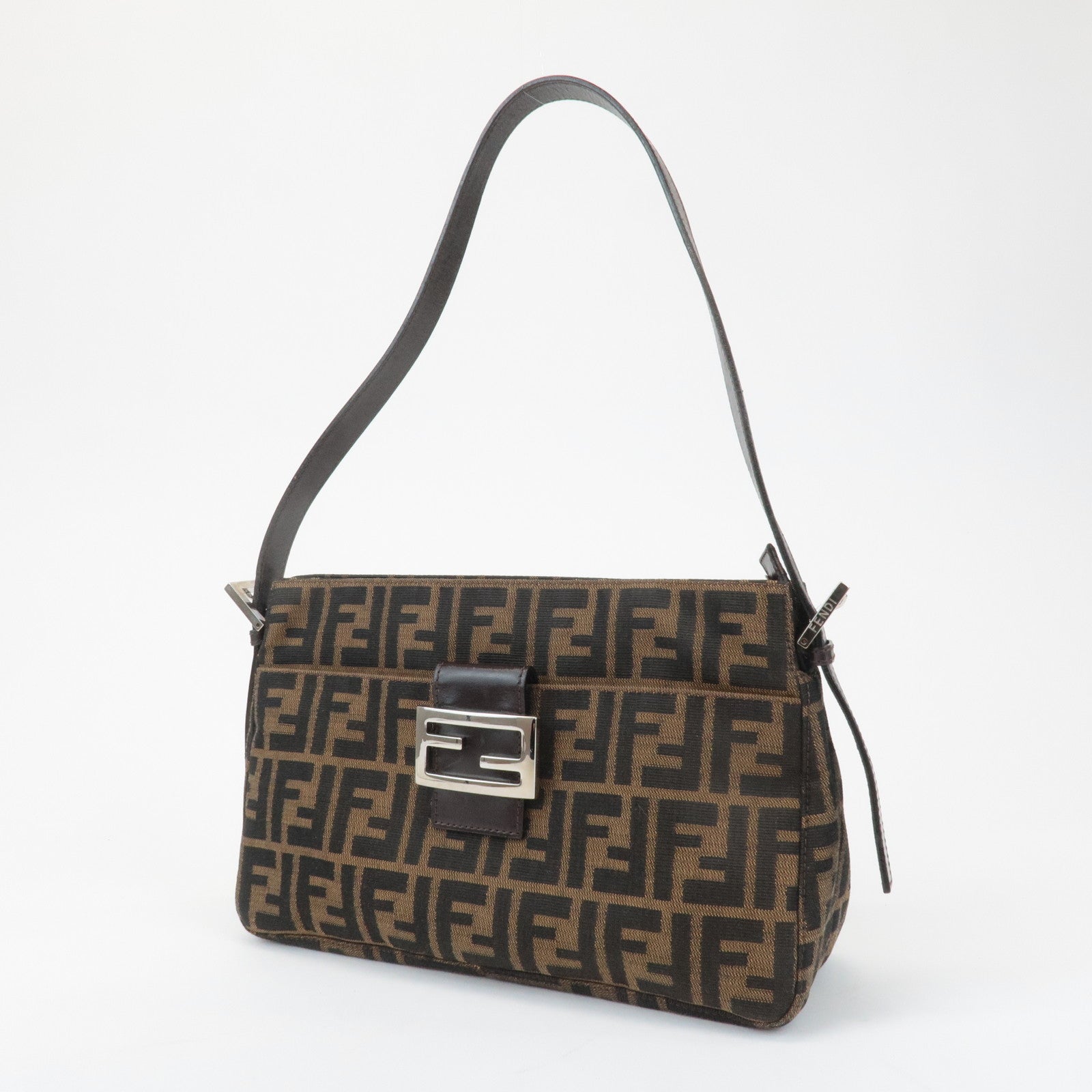 FENDI Zucca Canvas Leather Semi Shoulder Bag Black Brown 26566