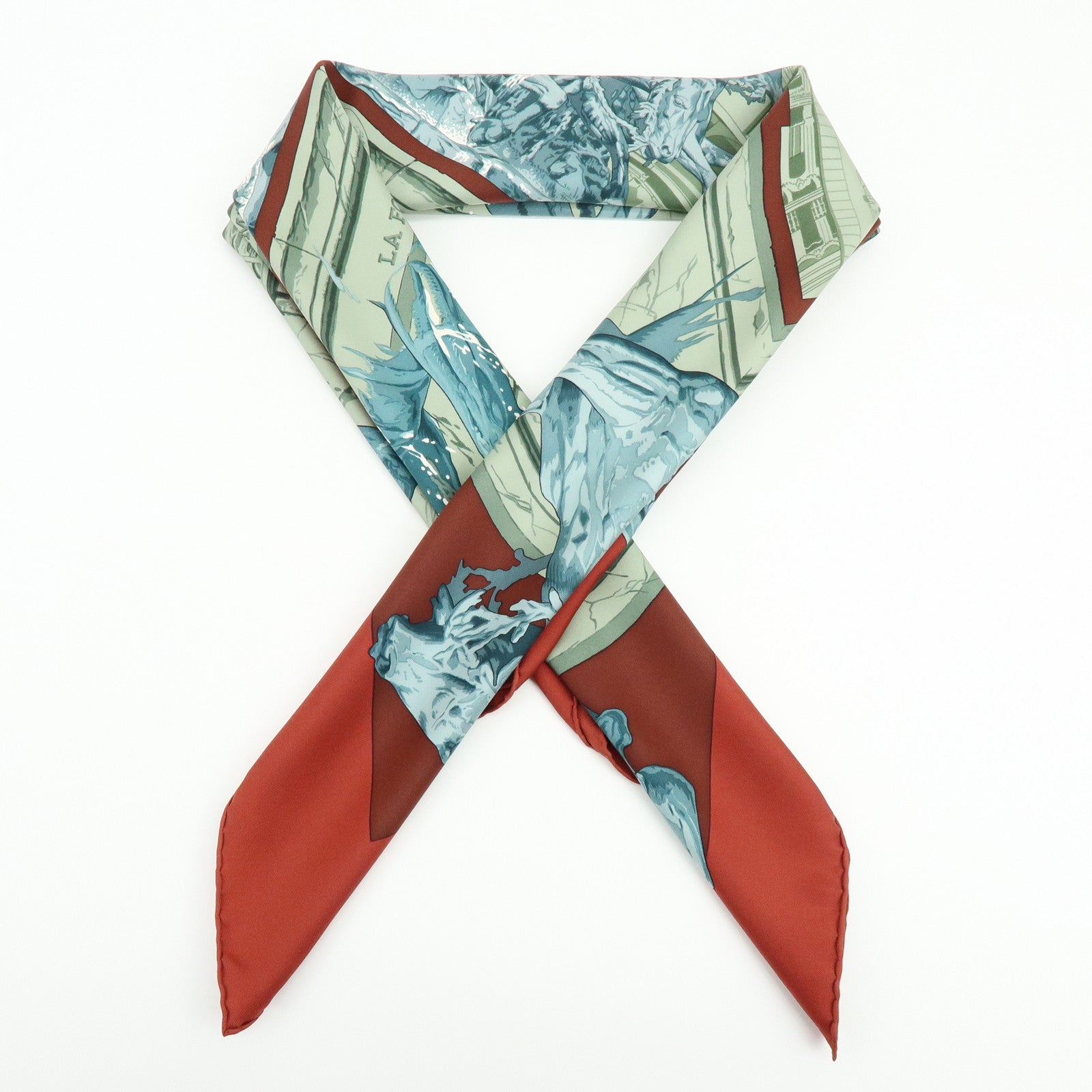 HERMES Carre 90 Silk 100% Scarf LA FONTAINE DE BARTHOLDI Gray Red