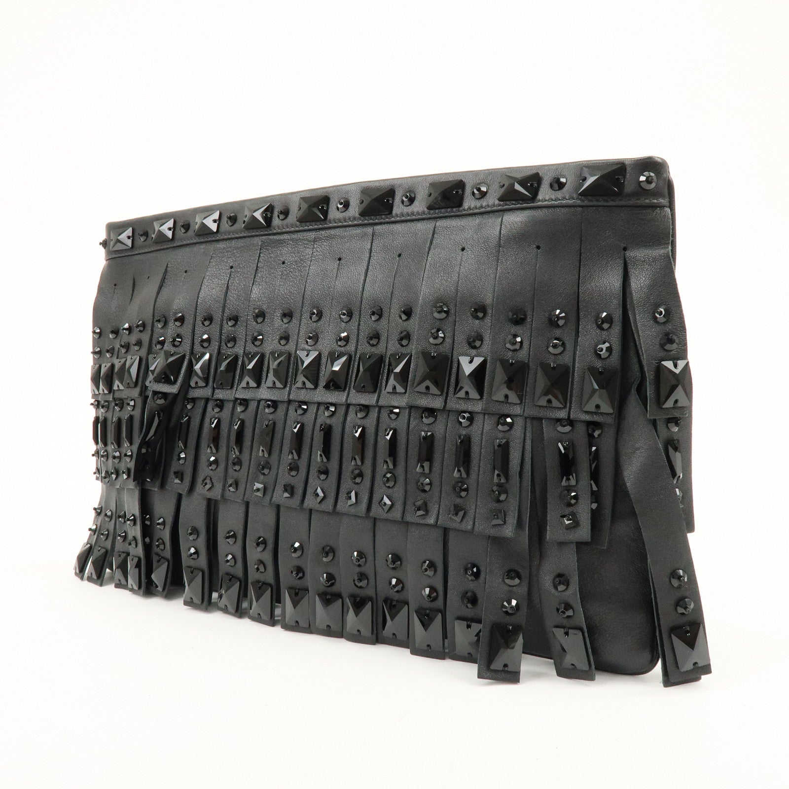 PRADA Canvas Leather Fringe Bijoux Clutch Bag Pouch Black