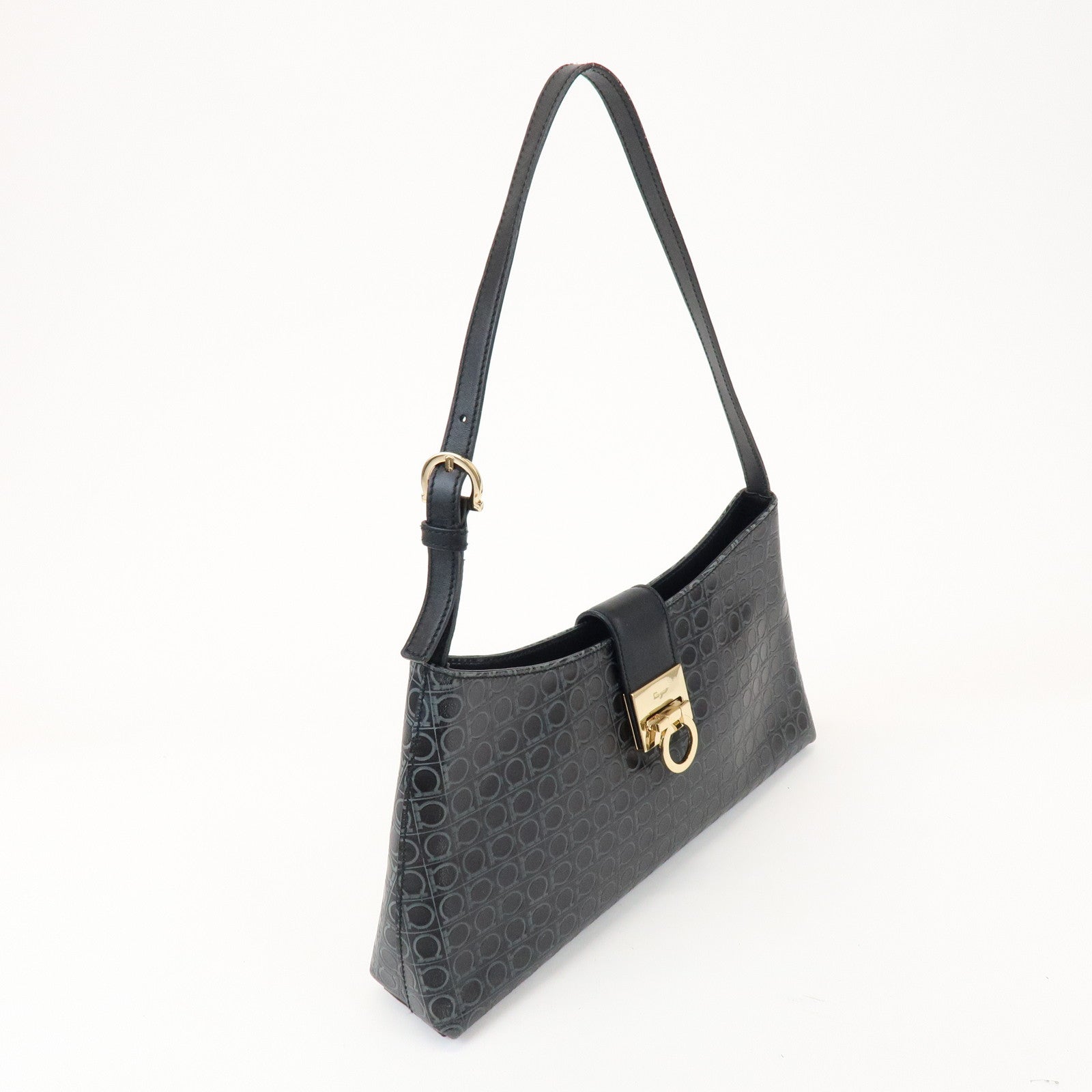 Ferragamo Gancini Leather Shoulder Bag Hand Bag Black