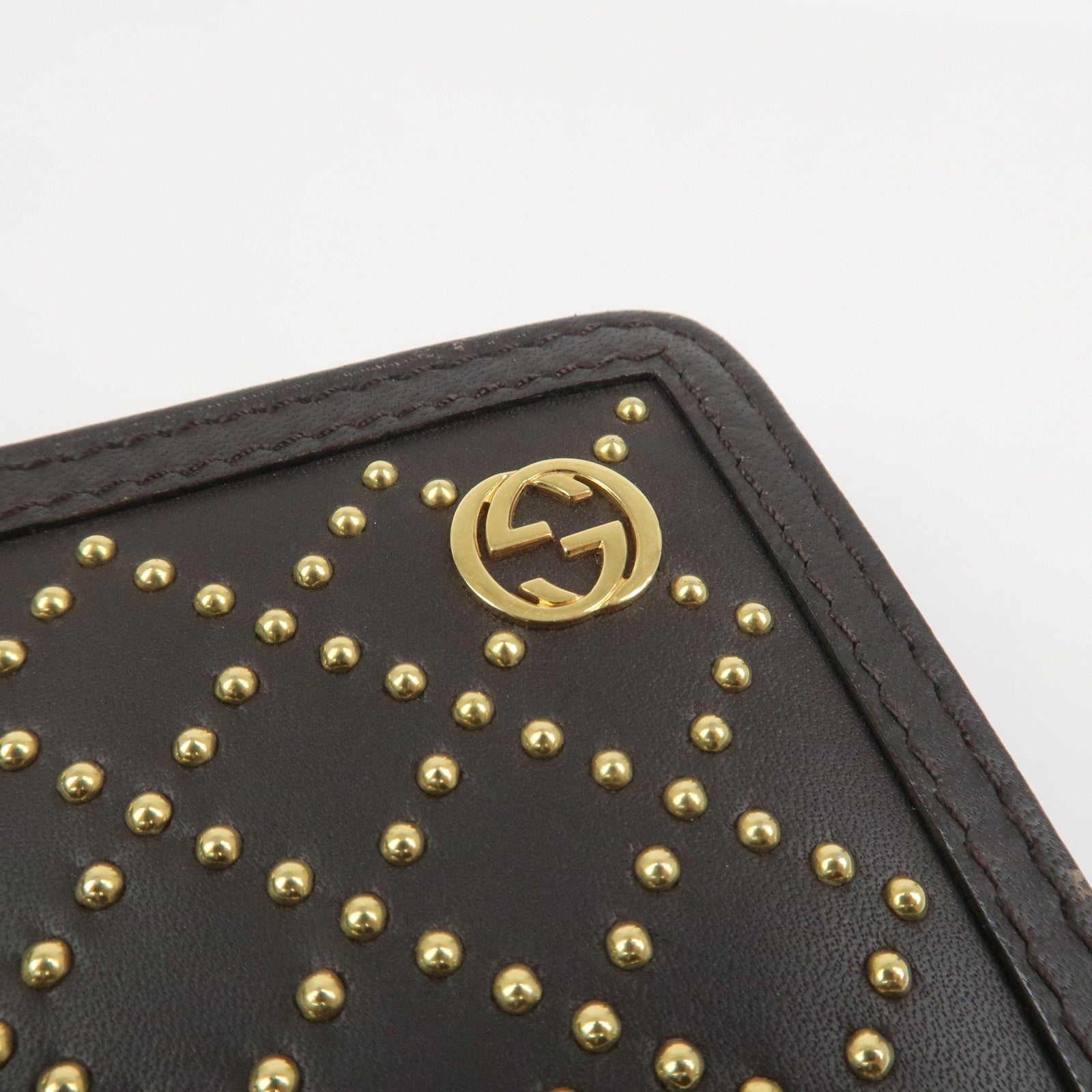 GUCCI Diamante Leather Coin Case Coin Wallet Brown Gold 337689