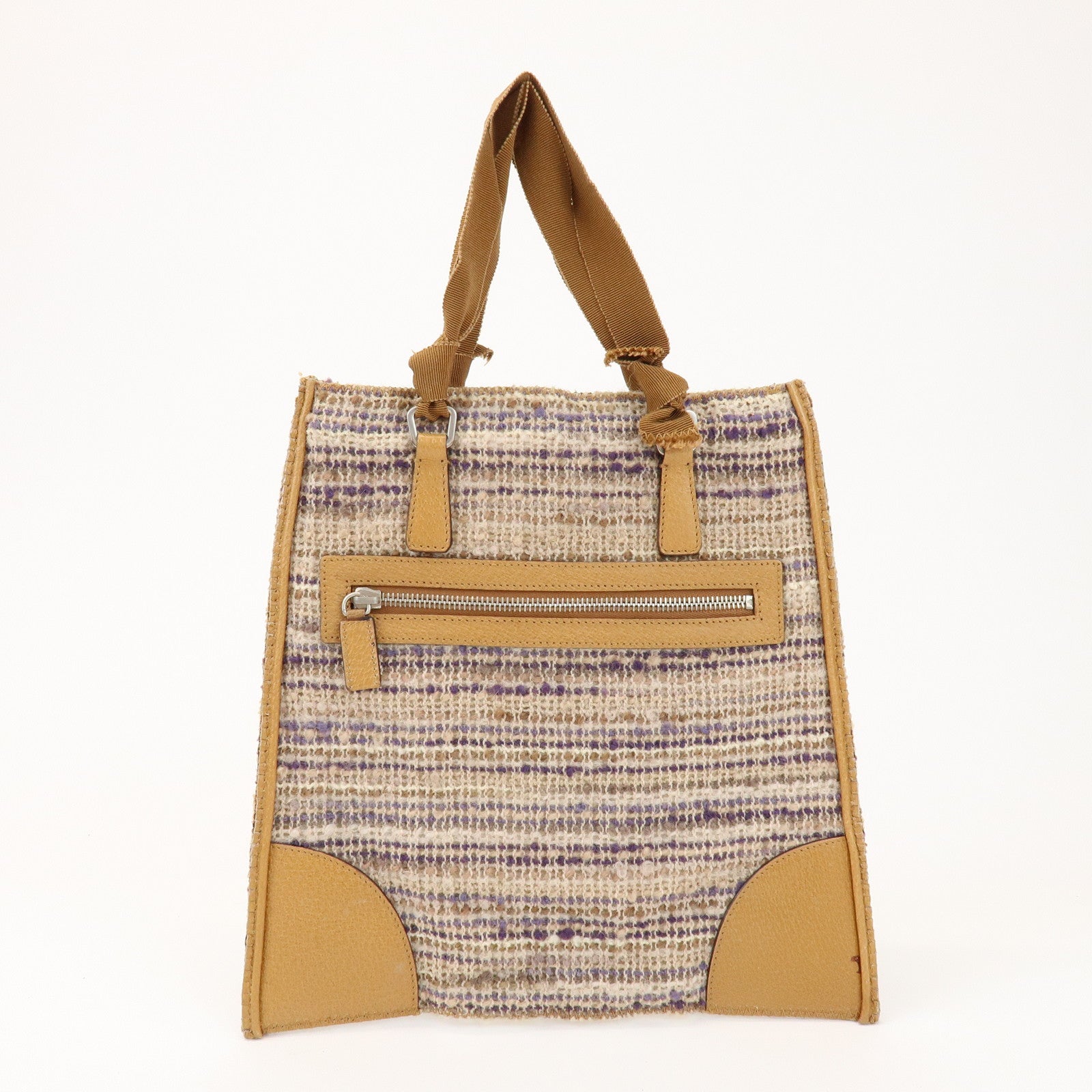 PRADA Triangle Logo Tweed Leather Hand Bag Light Brown Multicolor