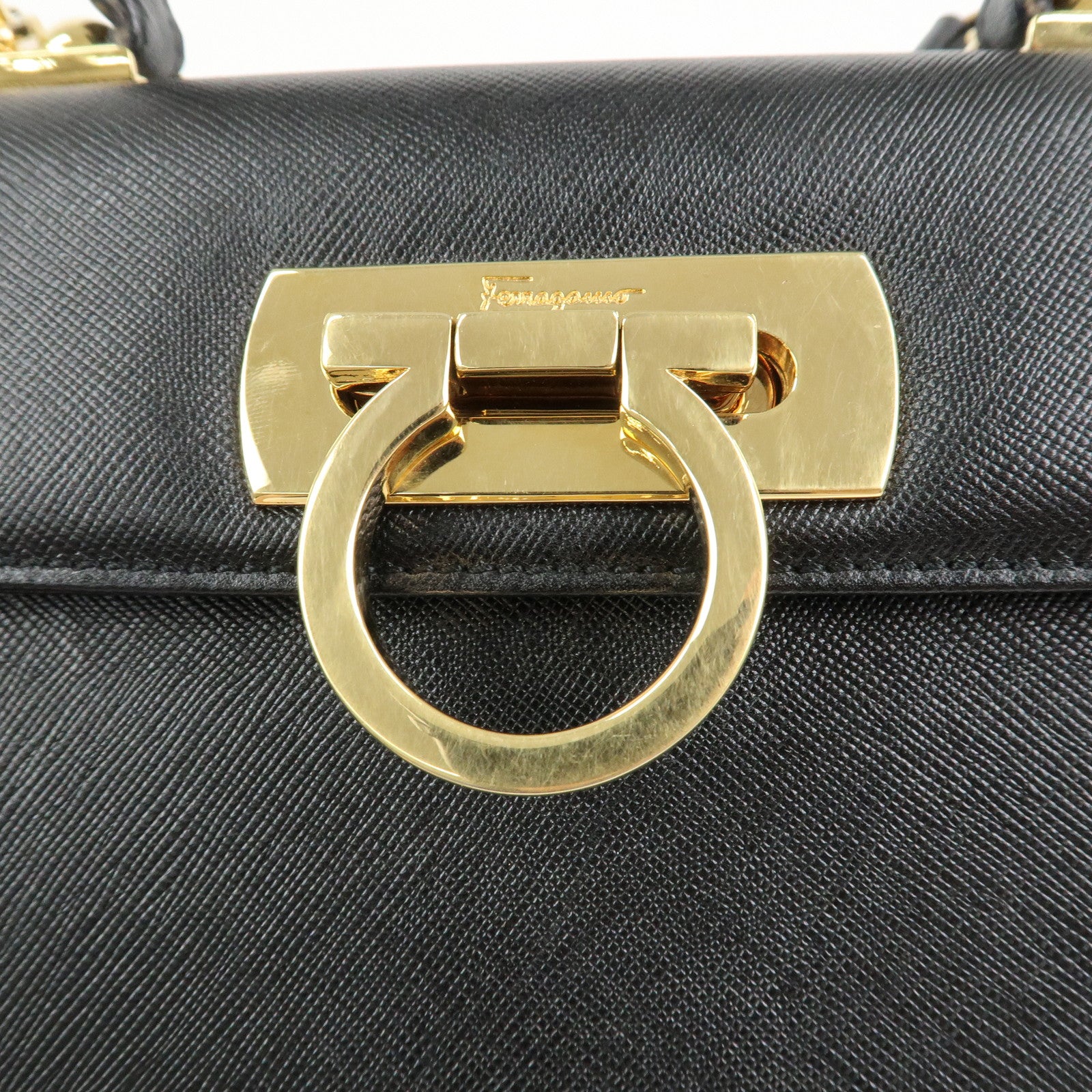 Ferragamo Gancini Leather 2Way Bag Shoulder Bag Hand Bag Black