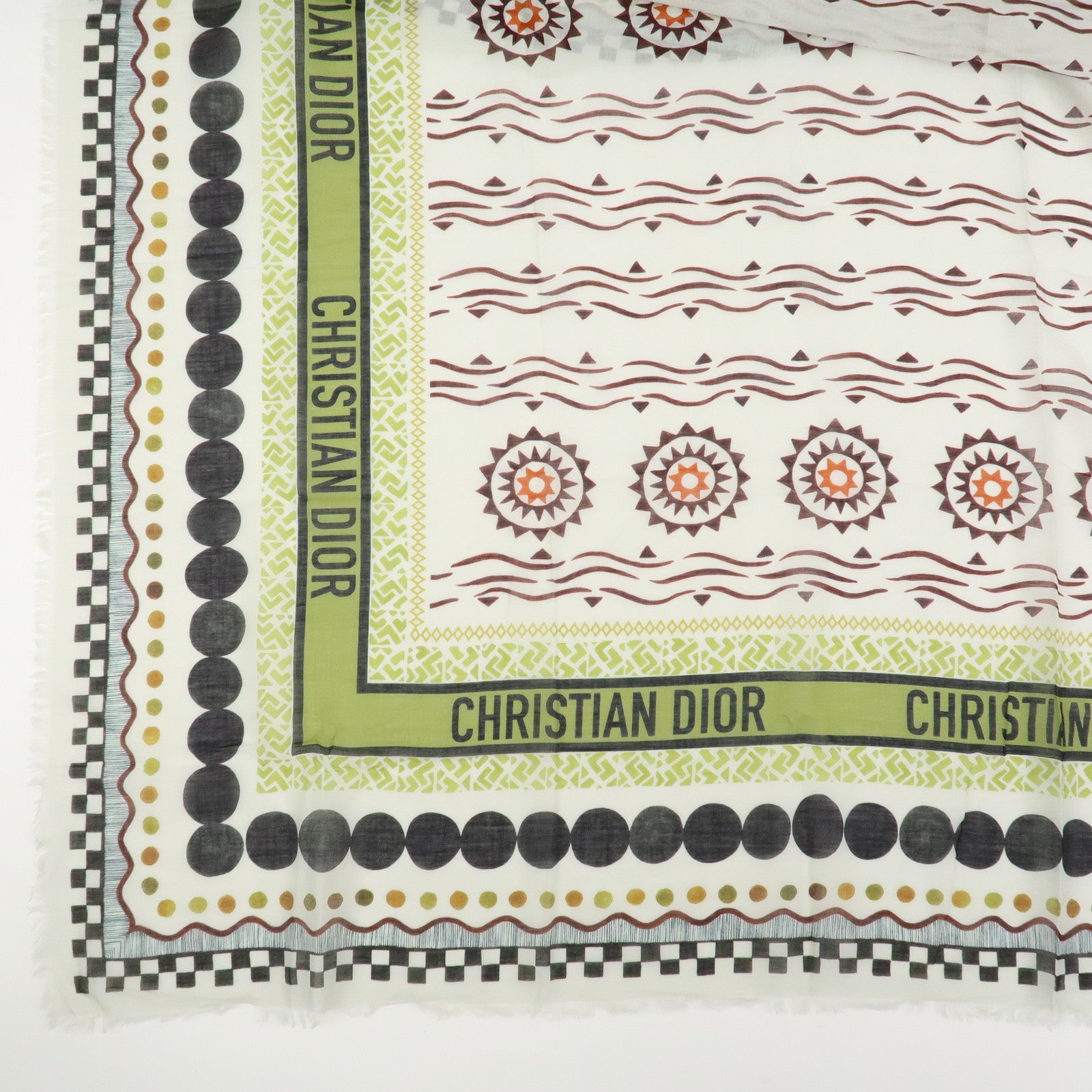 Christian Dior Logo Cotton 100％ Scarf Geometric Motif Ivory Green