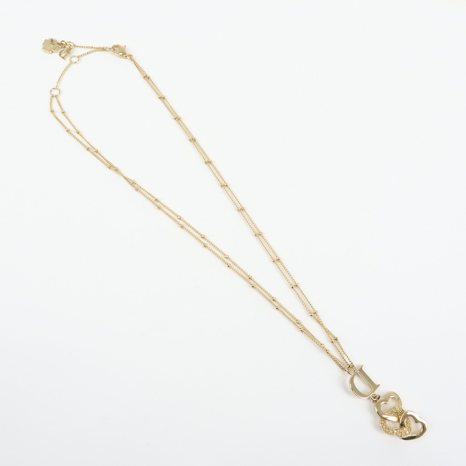 Christian Dior Logo Metal Double Chain Necklace Heart Charm Gold