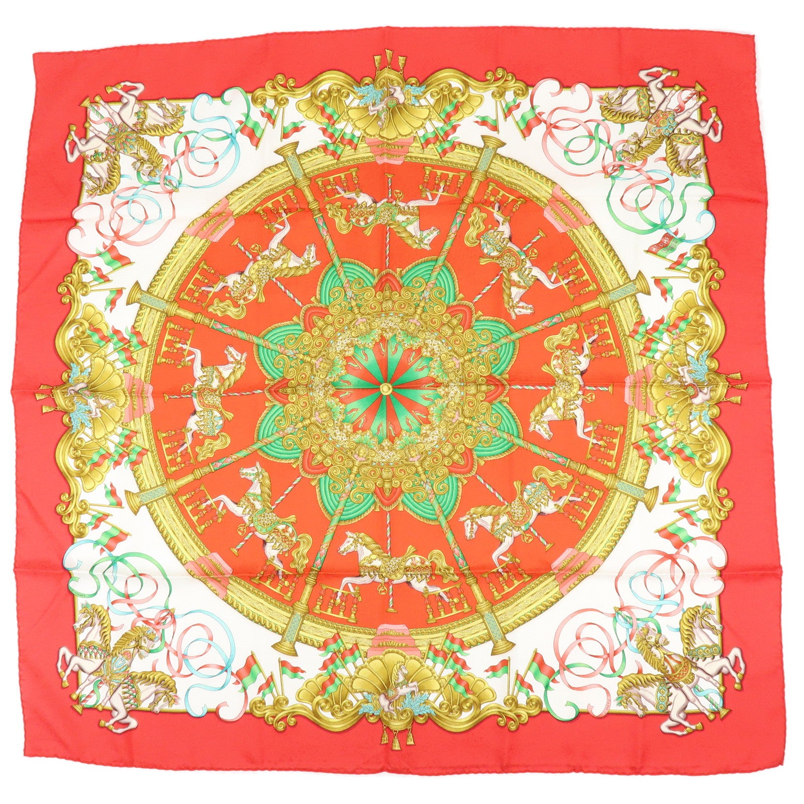 HERMES Carre 90 Silk 100% Scarf LUNA PARK Red Gold