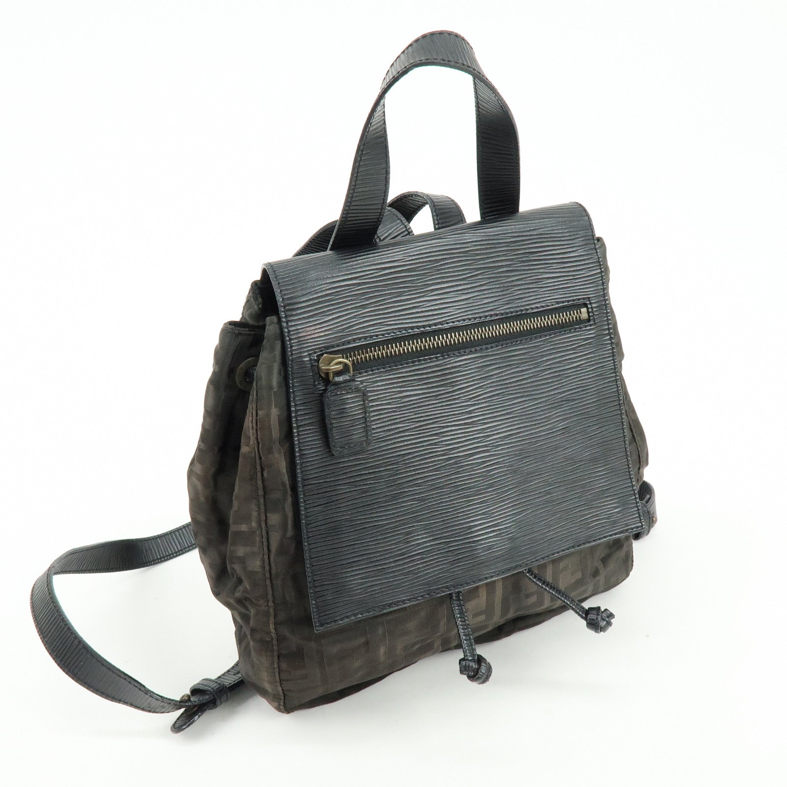 FENDI Logo Zucca Nylon Leather Backpack Rucksack Black