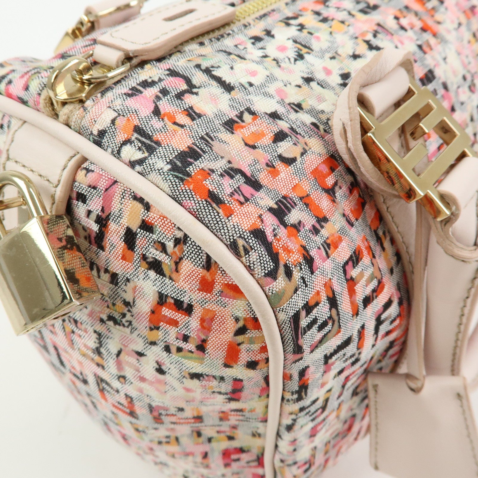 FENDI Zucchino Flower Print Canvas Leather Boston Bag Pink 8BL068