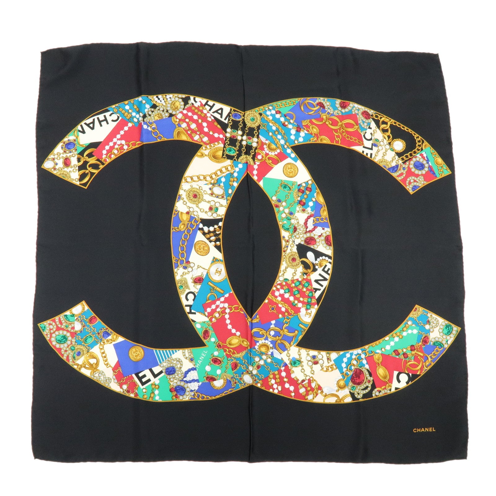 CHANEL COCO Mark Silk 100% Scarf Black Multicolor