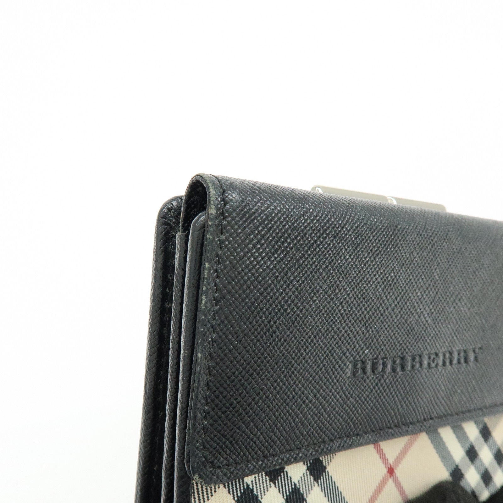 BURBERRY Nova Plaid Canvas Leather Compact Wallet Black Beige