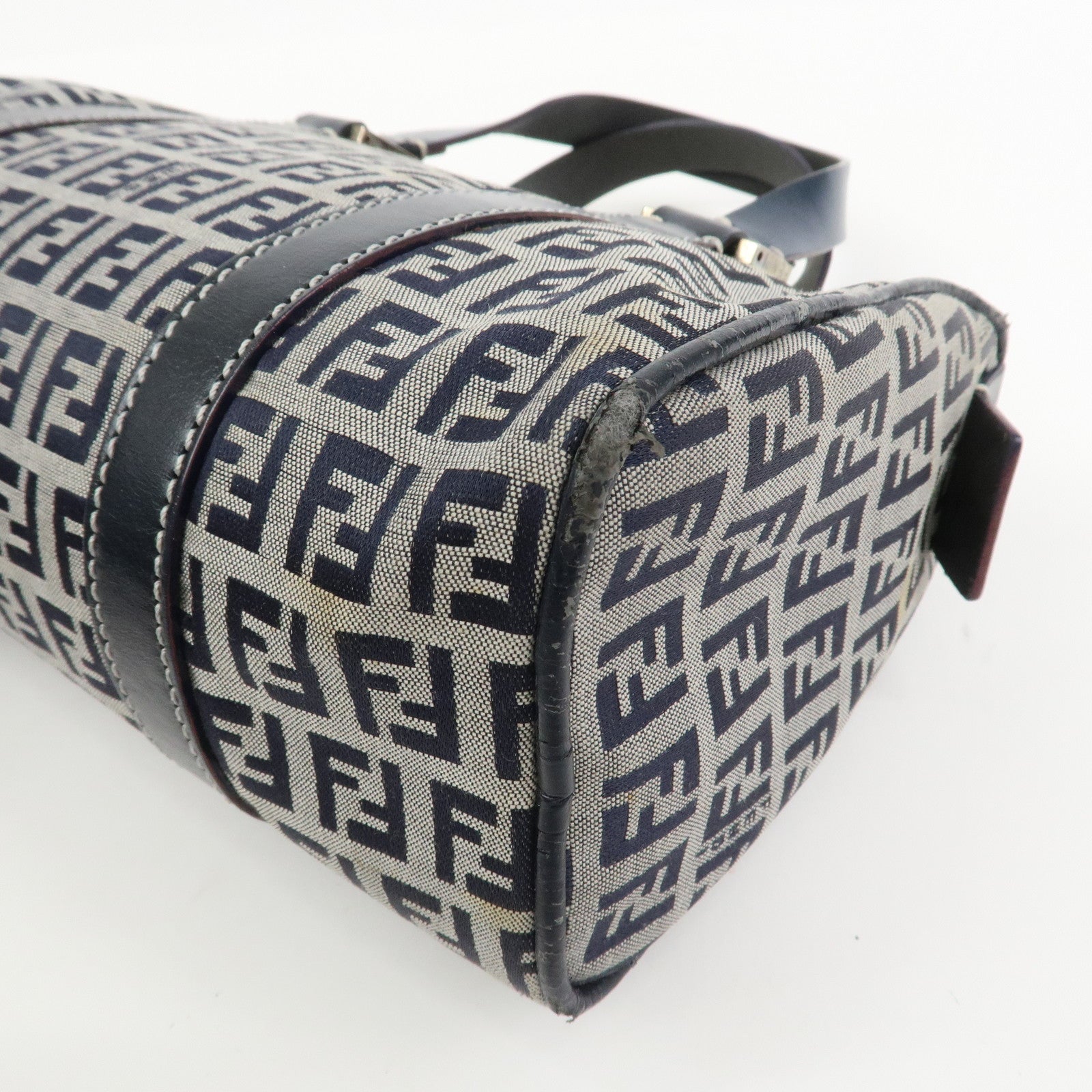 FENDI Zucchino Canvas Leather Hand Bag Mini Boston Bag Navy 16327