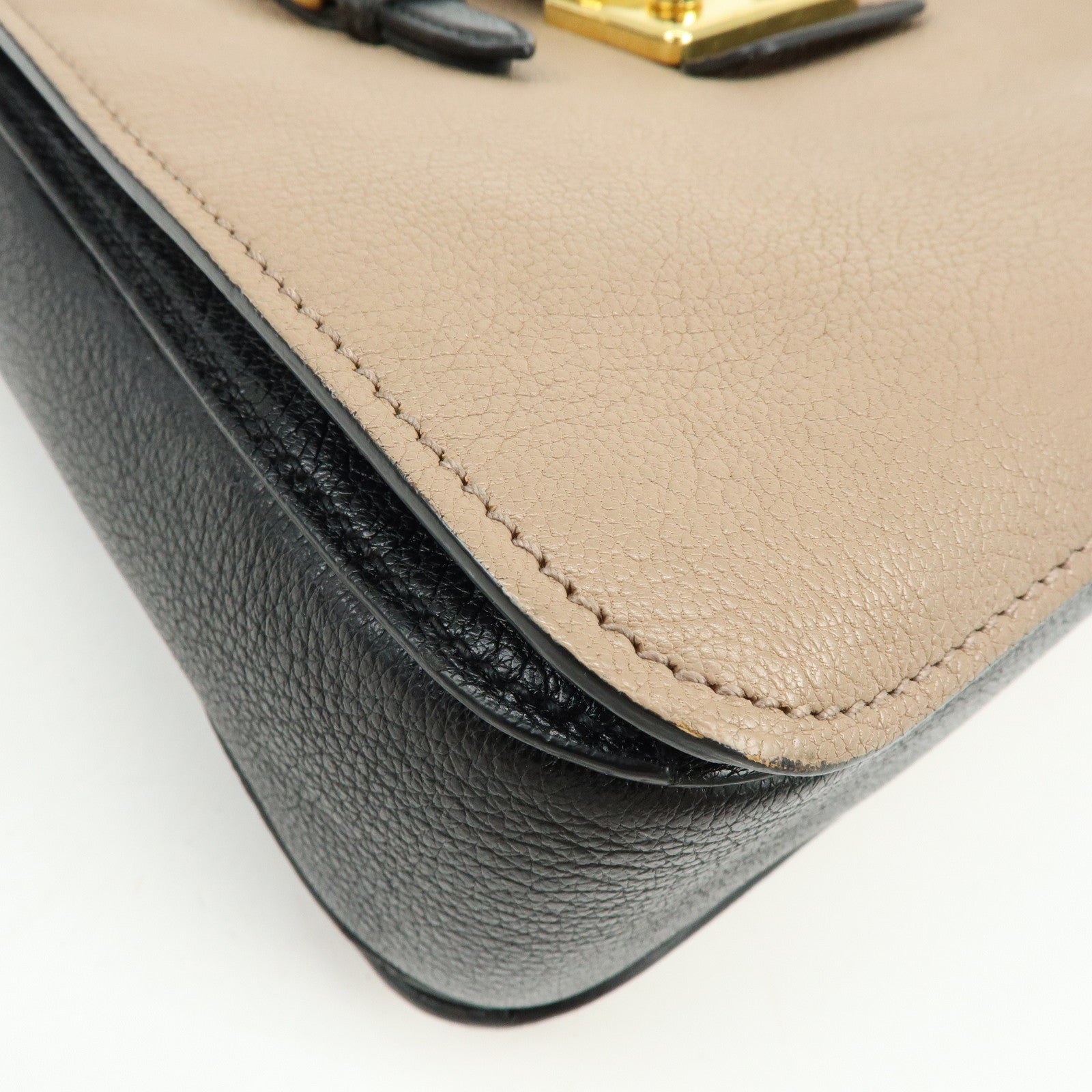MIU MIU Madras Leather 2Way Hand Bag Bi-color Beige Black RN0799