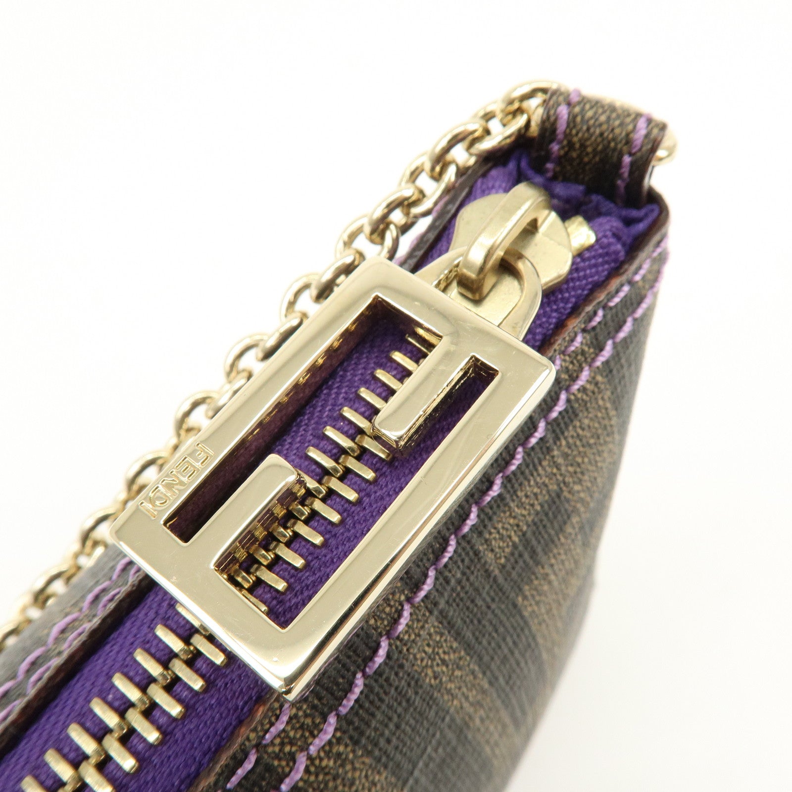 FENDI Zucca Print PVC Chain Accessory Pouch Brown Purple 8BR592