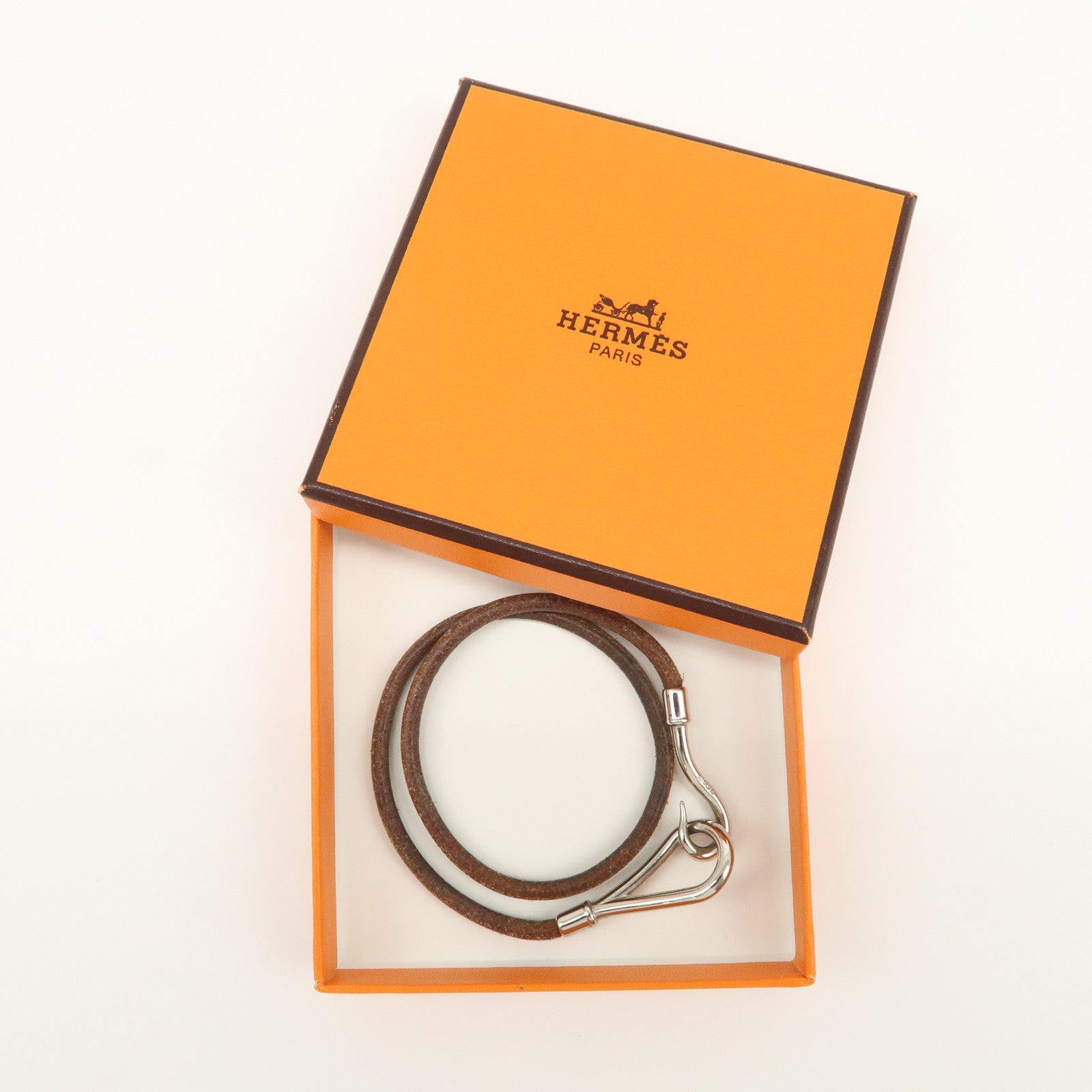 HERMES Leather Metal Jumbo Choker Bracelet Brown Silver