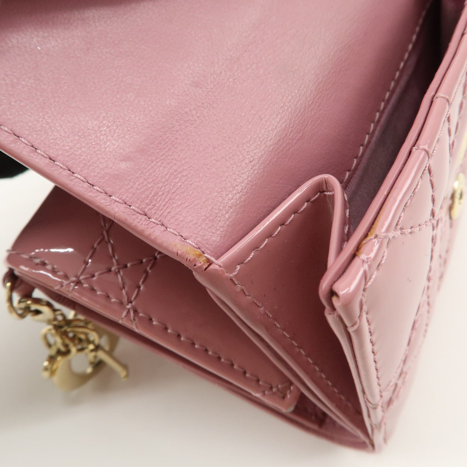 Christian Dior Lady Dior Cannage Patent Leather Tri-fold Wallet Pink Used