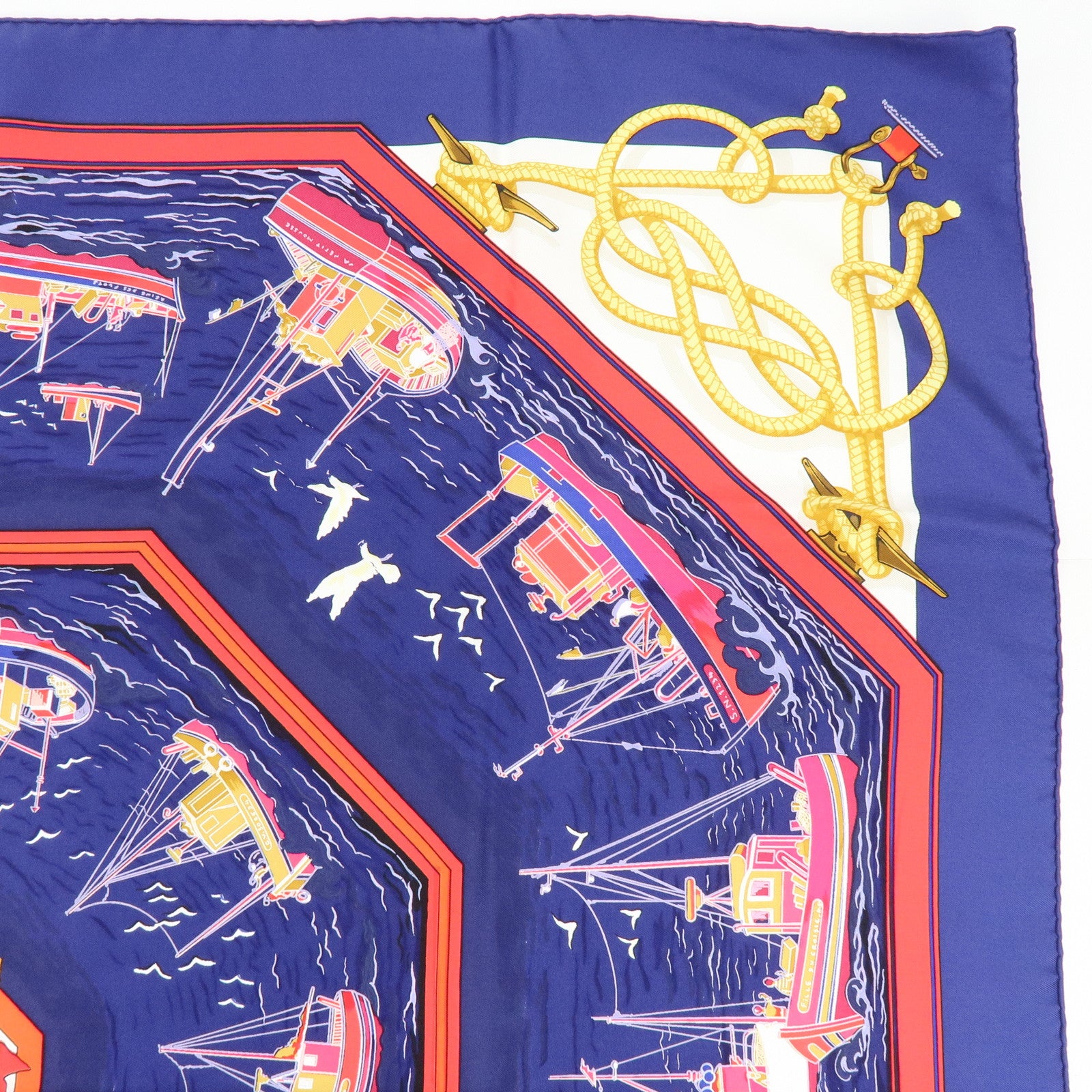 HERMES Carre 90 Silk100% Scarf RETOUR DE PECHE Blue Red Gold