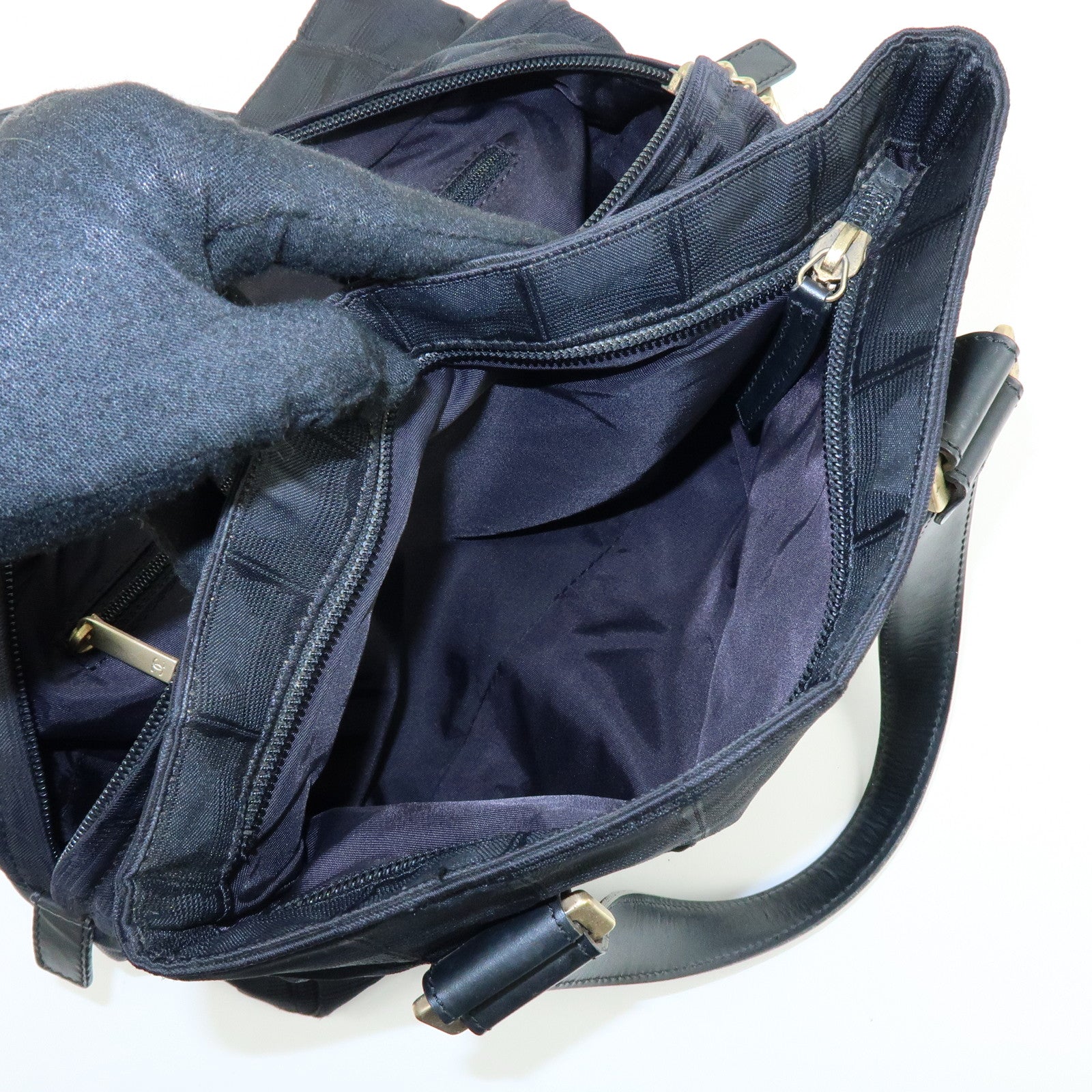 CHANEL New Travel Line Nylon Jacquard Leather Hand Bag Black