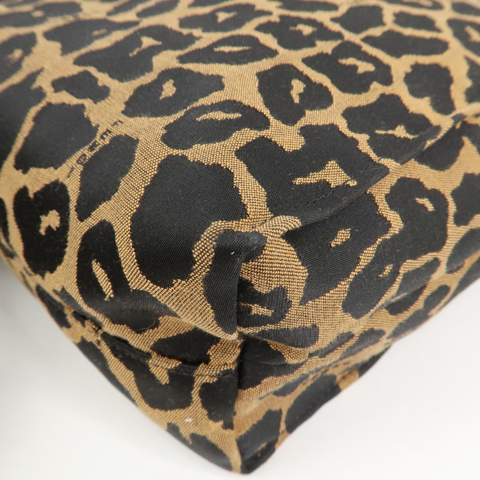 FENDI Leopard Canvas Leather Tote Bag Hand Bag Brown Black 8BH173