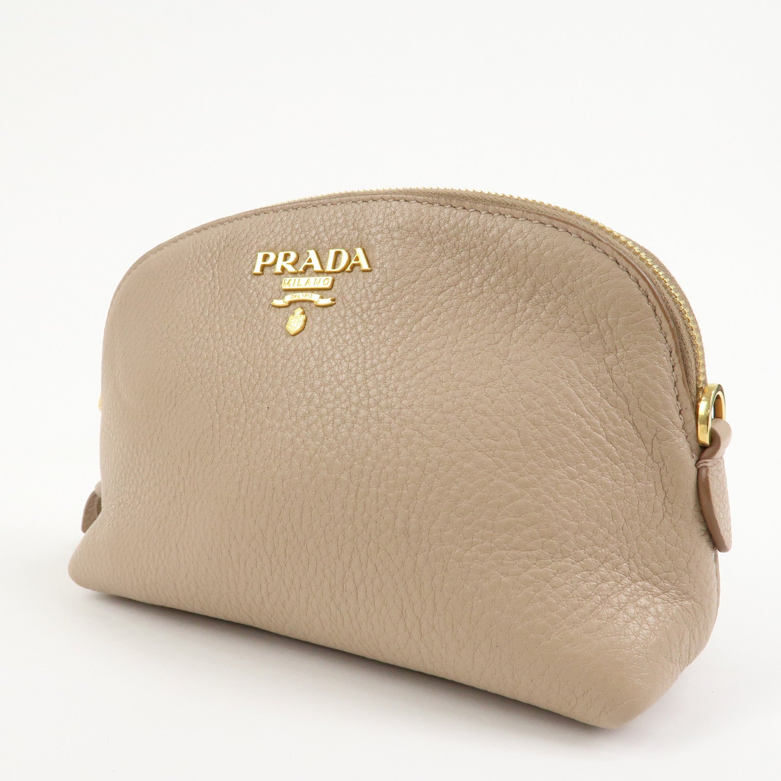 PRADA Logo Leather Cosmetic Pouch Clutch Beige 1ND005
