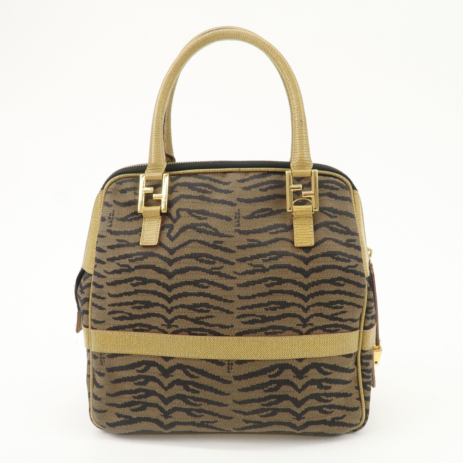 FENDI Leather Canvas 2Way Bag Hand Bag Zebra Print Black Brown Used