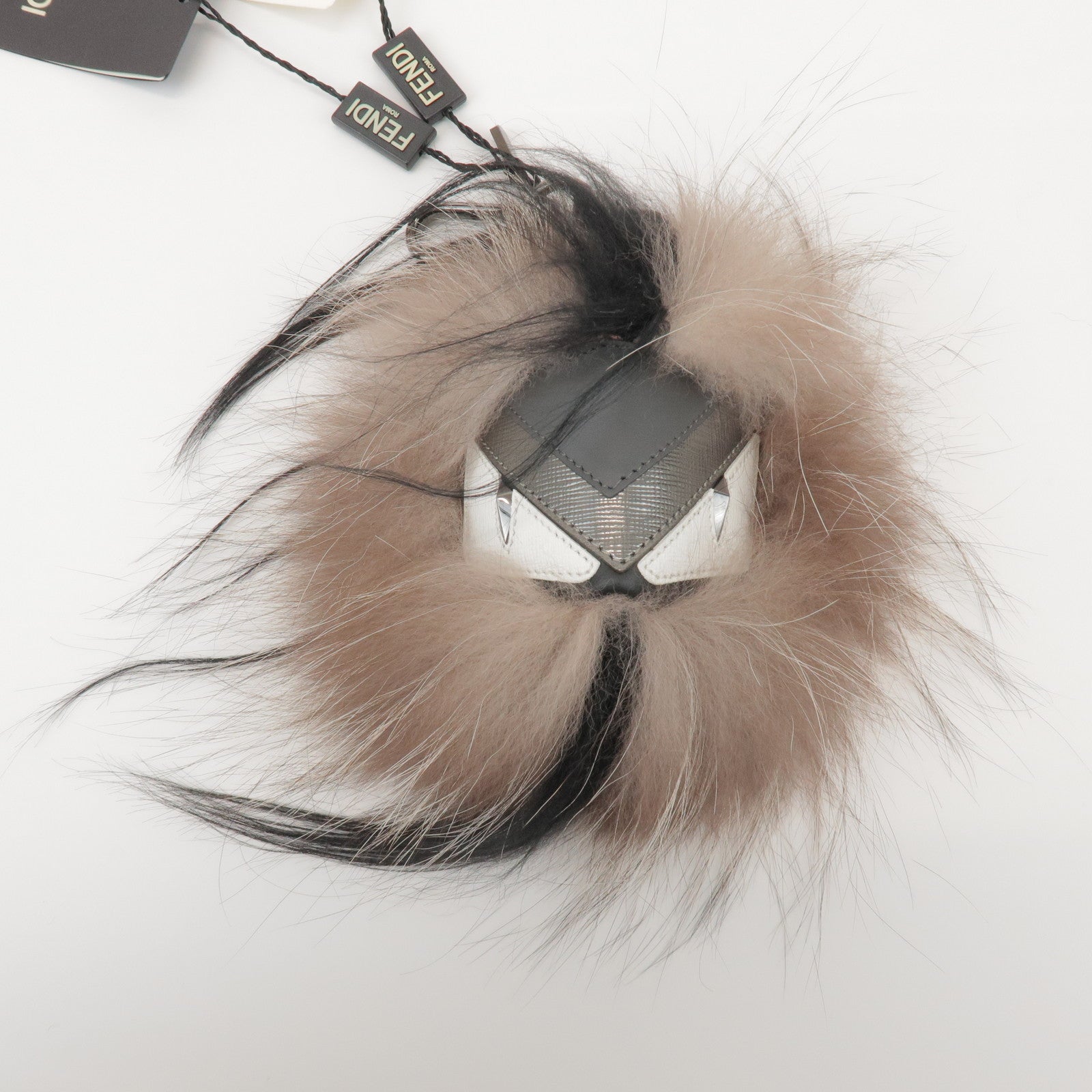 FENDI Fur Leather Monster Bag Charm Key Chain Black Greige